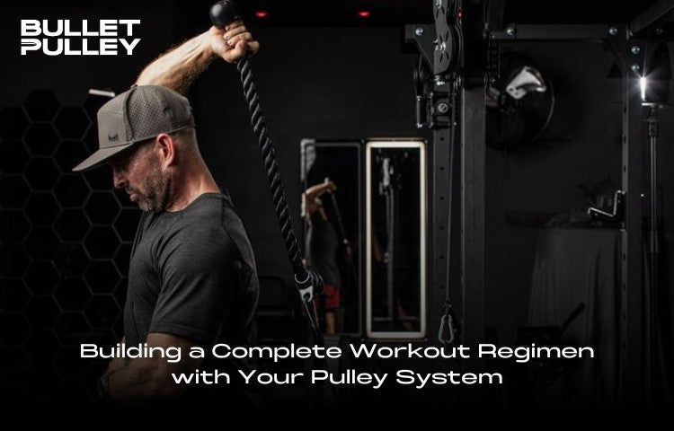 Man working out at home gym with Bullet Pulley system, building a complete workout regimen with a pulley system for strength and fitness training.