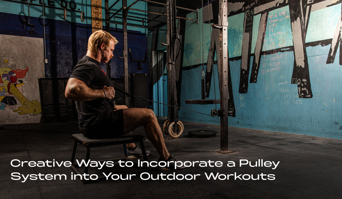 Man using pulley system for workout in a home gym setup. Innovative outdoor exercise with adjustable pulley equipment for strength training.