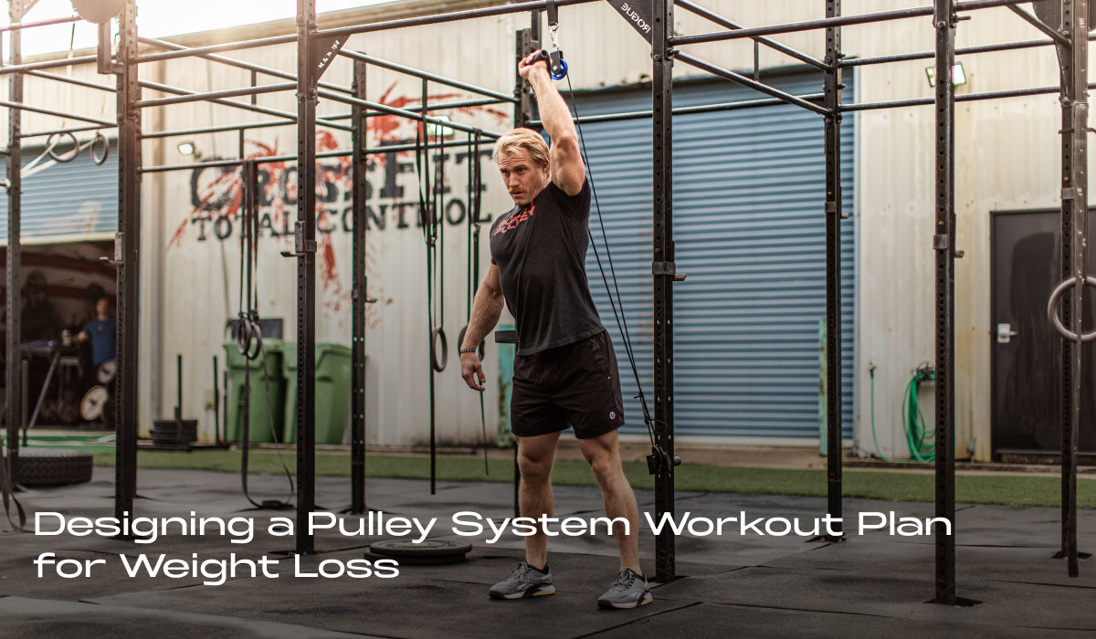 Home gym pulley system workout for weight loss. A person performs a functional training exercise in a home gym setup using a pulley system.