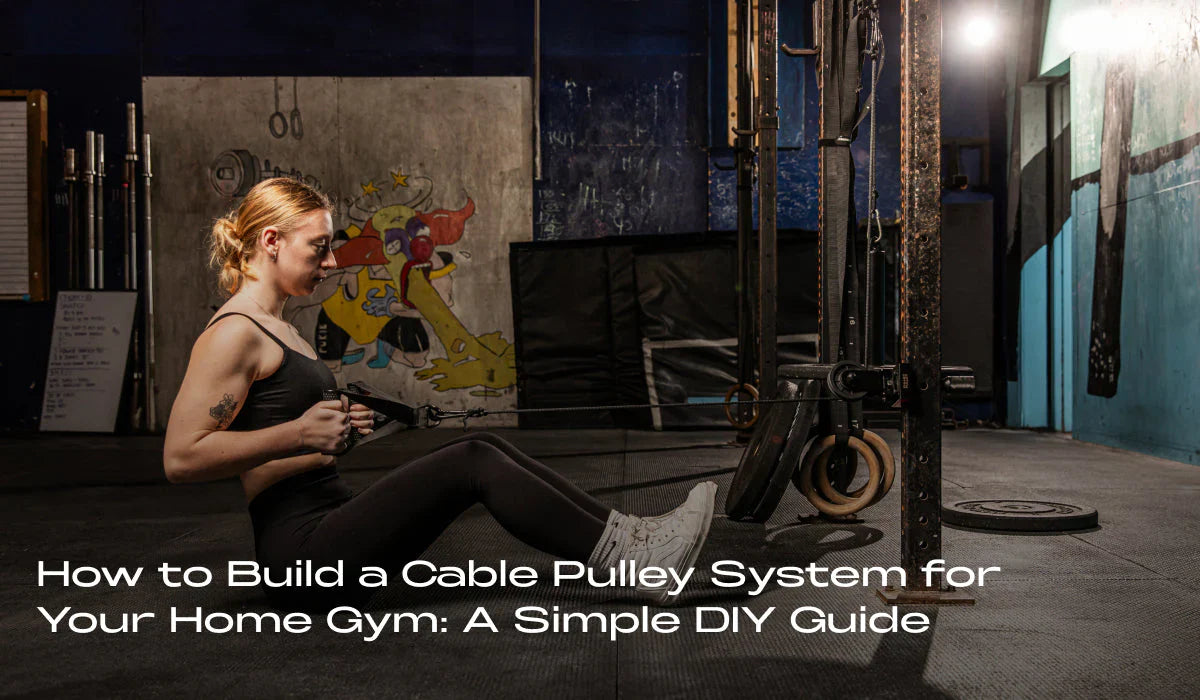 Woman using a cable pulley system in a home gym with gym equipment and a mural in the background.