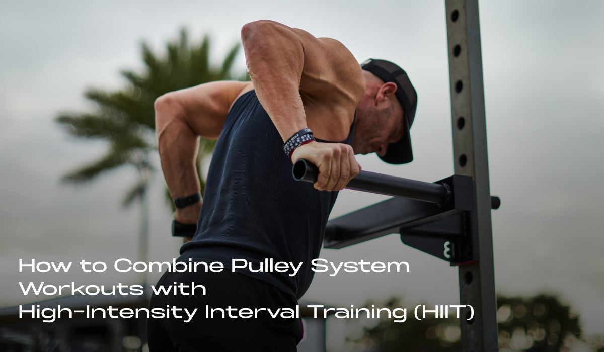 A person performing a bodyweight dip exercise in a home gym, utilizing a pulley system. The image demonstrates combining pulley system workouts with high-intensity interval training (HIIT) for effective fitness routines.