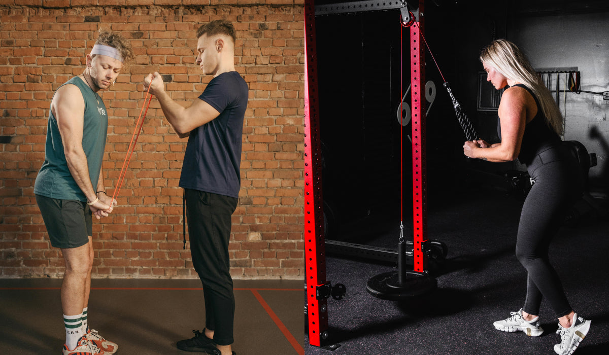 Resistance band workout in a home gym with two people performing a fitness exercise. The second image shows an individual using a cable pulley machine in a home gym setup for strength training.