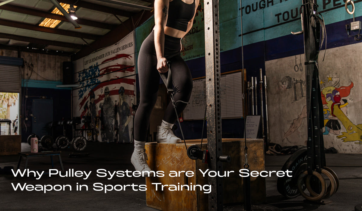 A woman using a pulley system in a home gym for sports training. The setting includes workout equipment and a motivational mural on the wall.