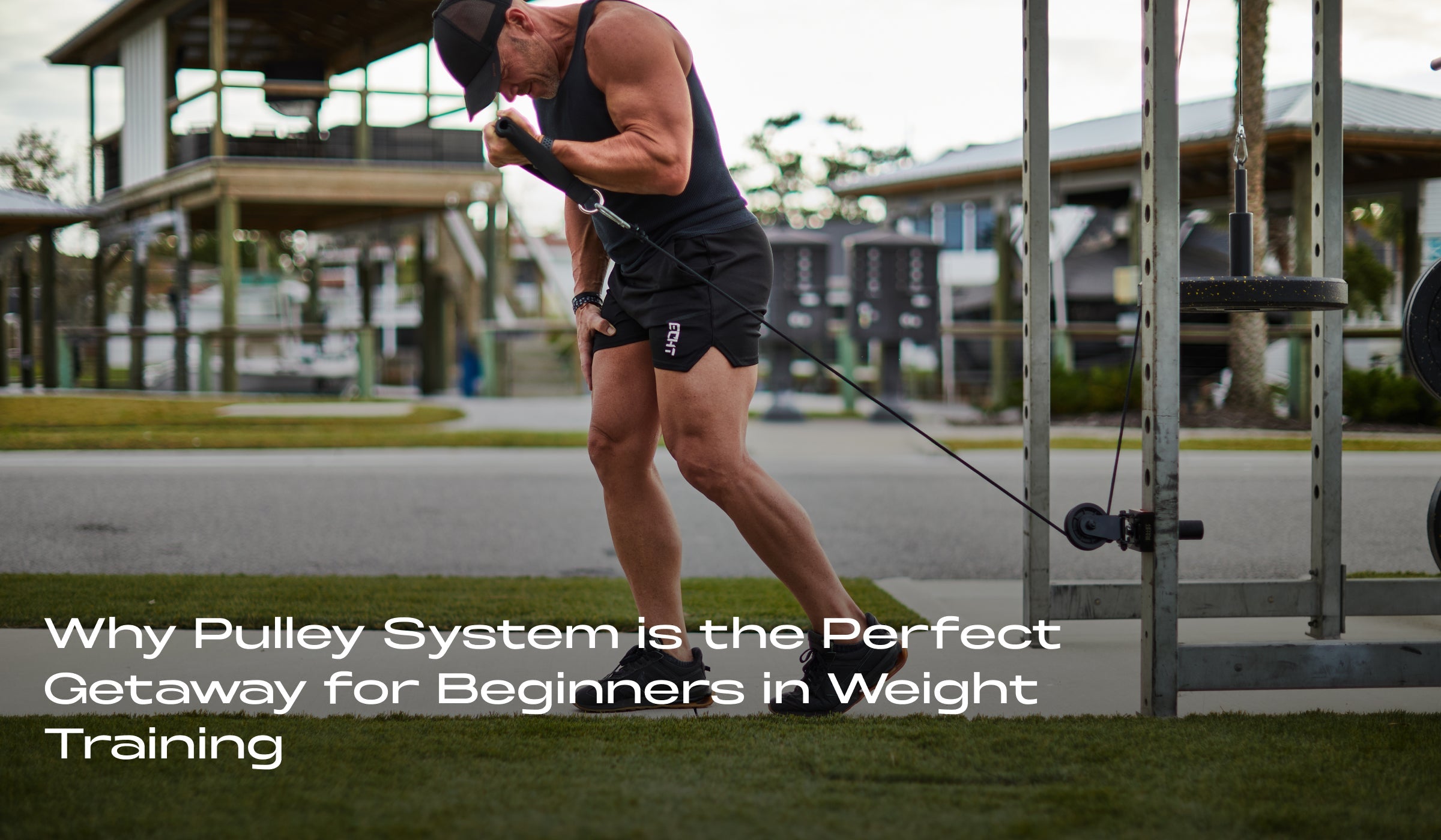 Man performing a workout with a pulley system in a home gym setup. Ideal for beginners looking to enhance their weight training routine.