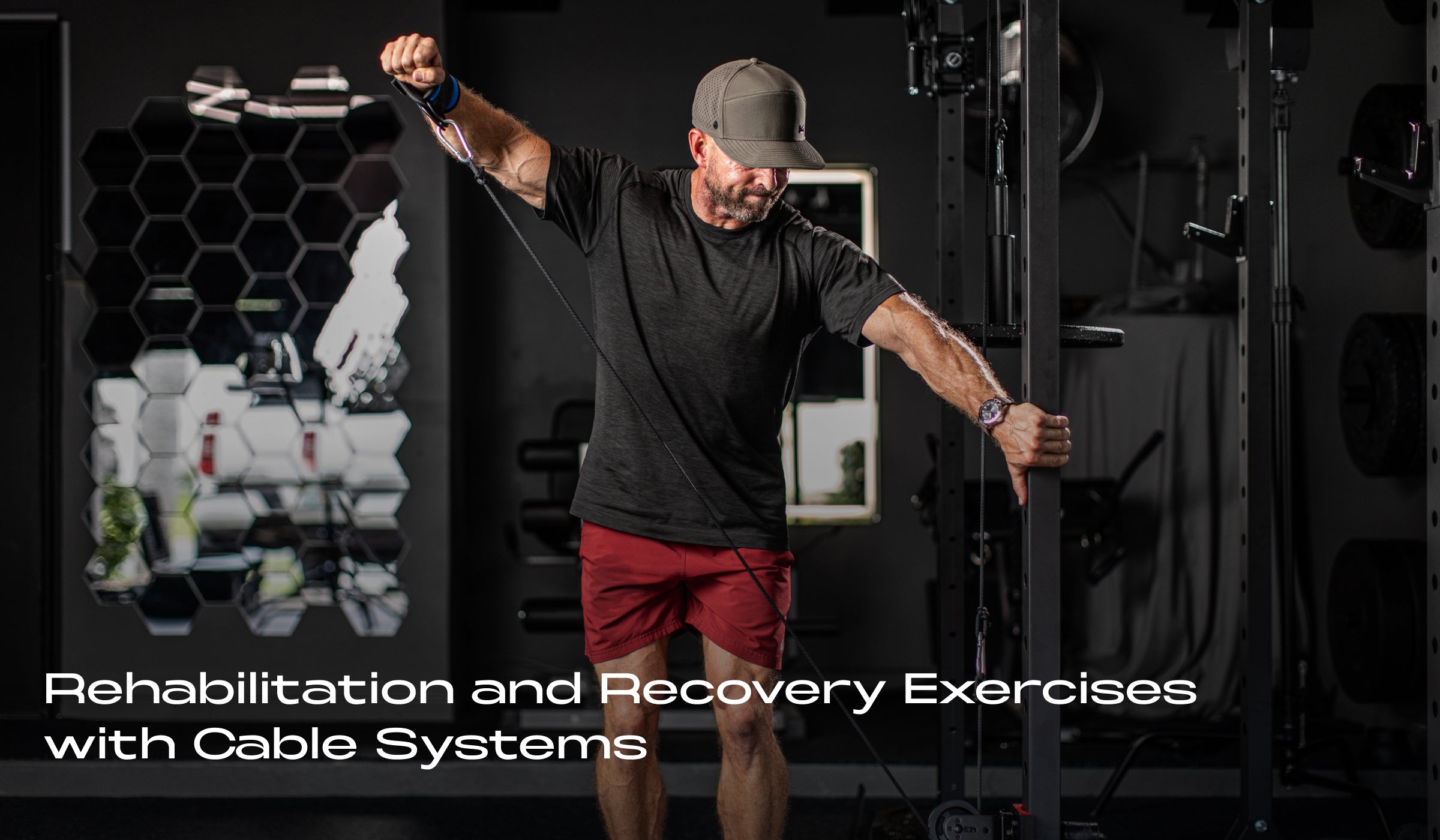 Man performing rehabilitation and recovery exercises with cable systems in a home gym. Focused on strengthening and rehabilitation using cable resistance equipment.