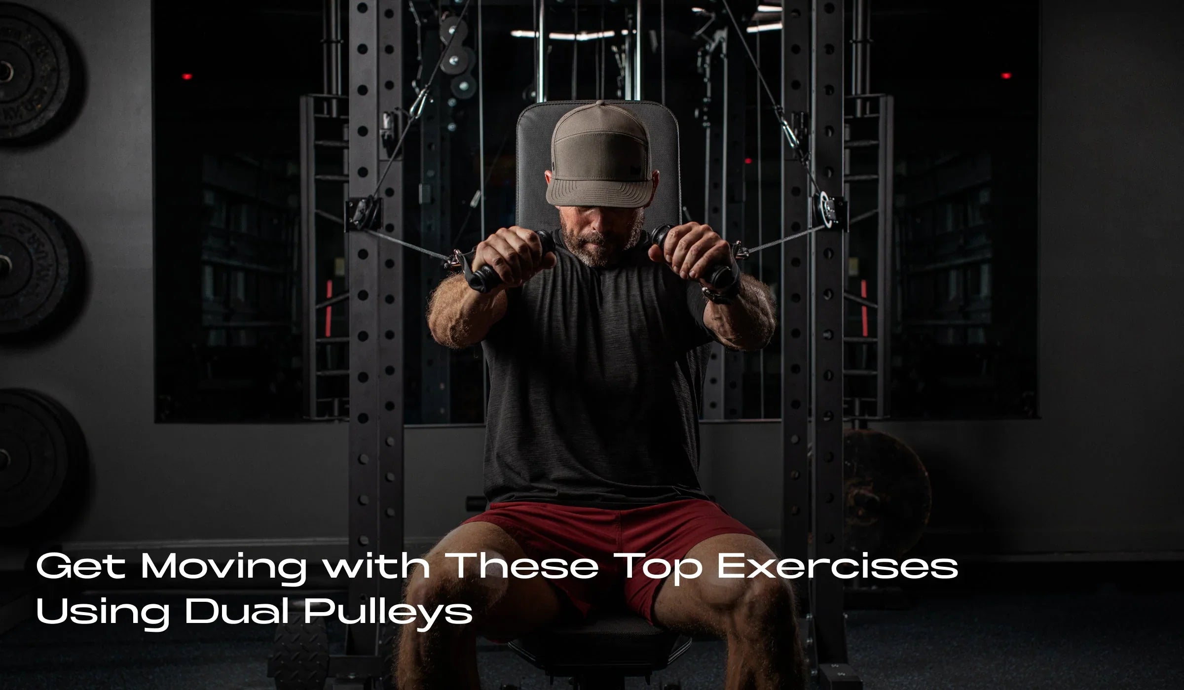 Man performing exercises using dual pulleys in a home gym, focusing on strength training with home gym equipment. The image showcases a well-lit fitness space with weight plates in the background, emphasizing workout routines involving cable machines.