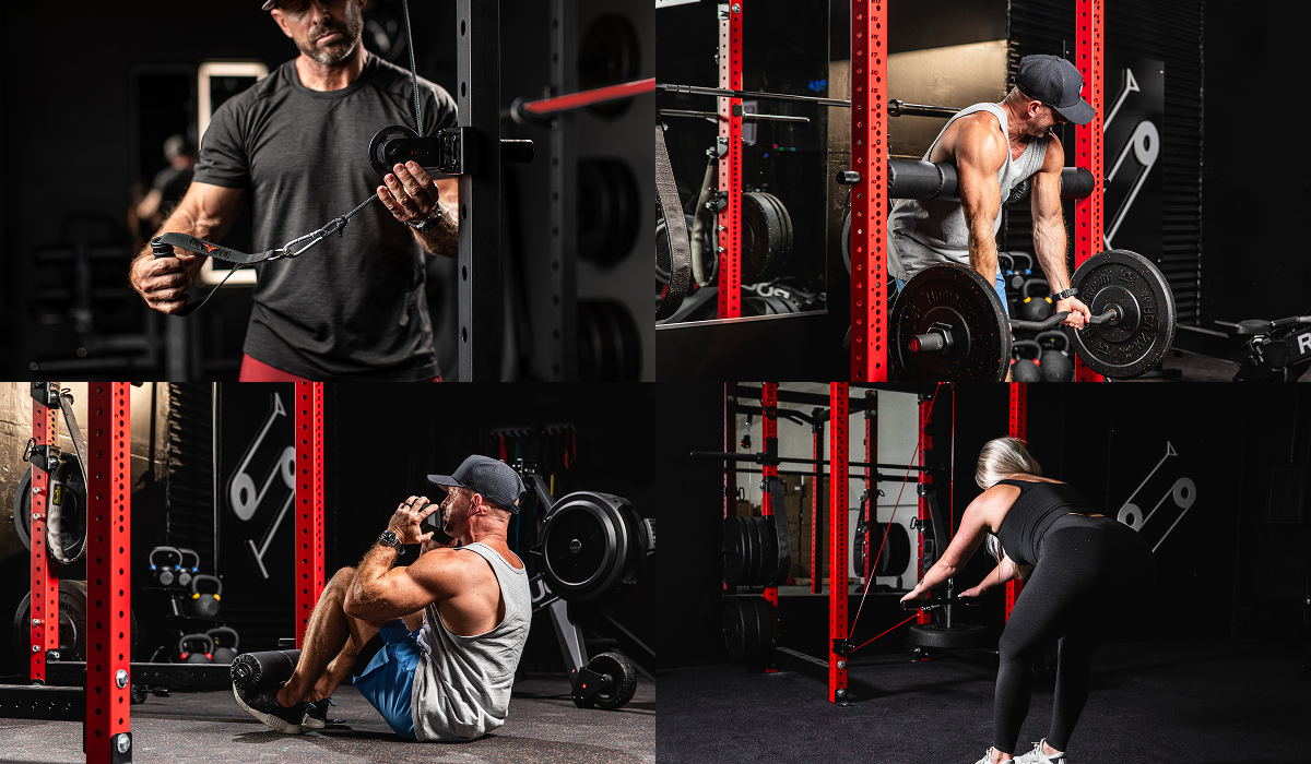 Collage of men and women performing various strength exercises in a home gym using a red power rack and pulley system, including curls, bent-over rows, cable crunches, and resistance pulls
