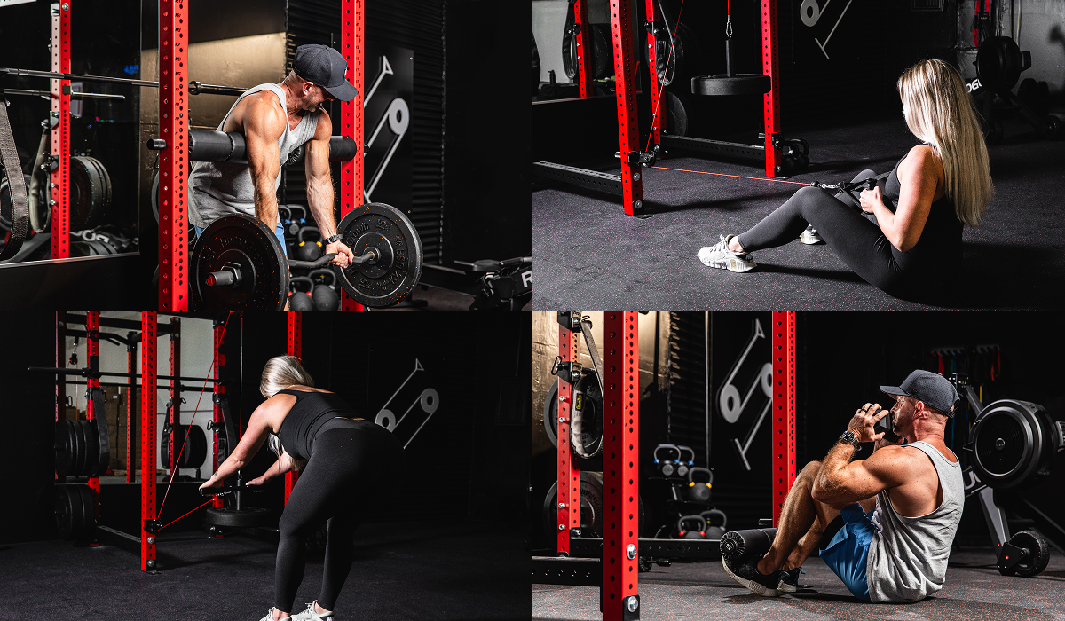 Four-panel gym collage on a red power rack: (1) man doing preacher curls with an EZ-bar, (2) woman performing seated band/cable rows on the floor, (3) woman doing standing banded rows, (4) man doing Russian twists with a medicine ball.