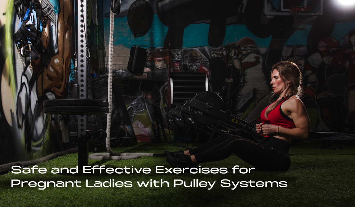 Safe and effective exercises for pregnant ladies using pulley systems in a home gym. A woman performs a seated row with a pulley system in a home gym environment.