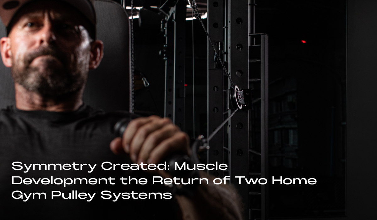 A man uses a pulley system for strength training in a home gym, focusing on muscle development. The setup emphasizes symmetry with adjustable home gym equipment.