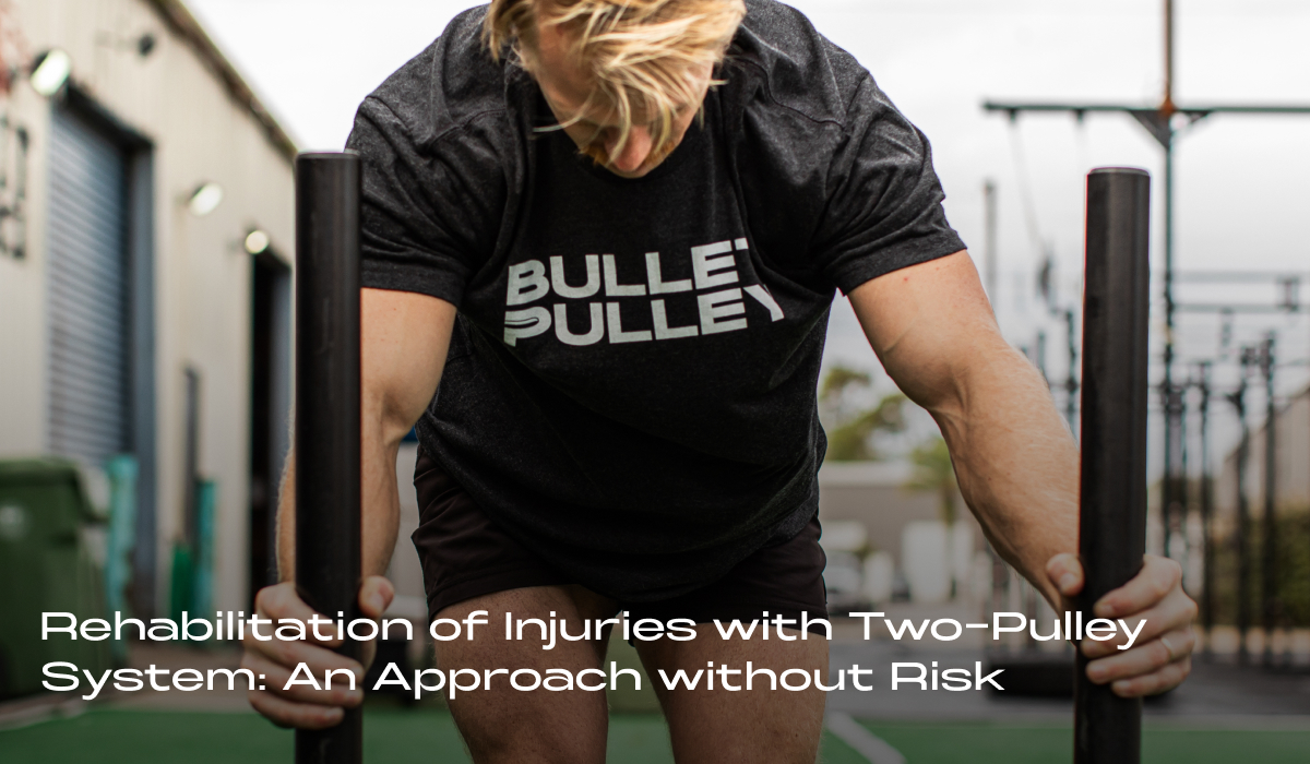 Rehabilitation workout in a home gym using the Bullet Pulley system. Focus on a safe, risk-free approach for injury recovery with the two-pulley system.