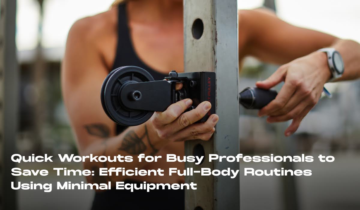 Person adjusting gym equipment with a cable pulley system for a quick workout. The image highlights a functional, time-efficient fitness routine for busy professionals, focusing on minimal equipment.