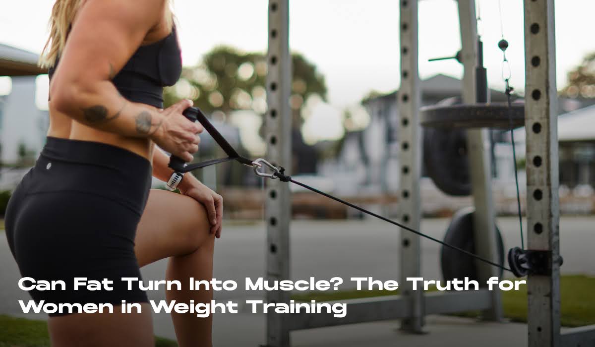 Woman performing weight training with cable machine, focusing on building muscle and fitness in gym, wearing athletic gear, with the question 'Can Fat Turn Into Muscle? The Truth for Women in Weight Training' as the overlay text.