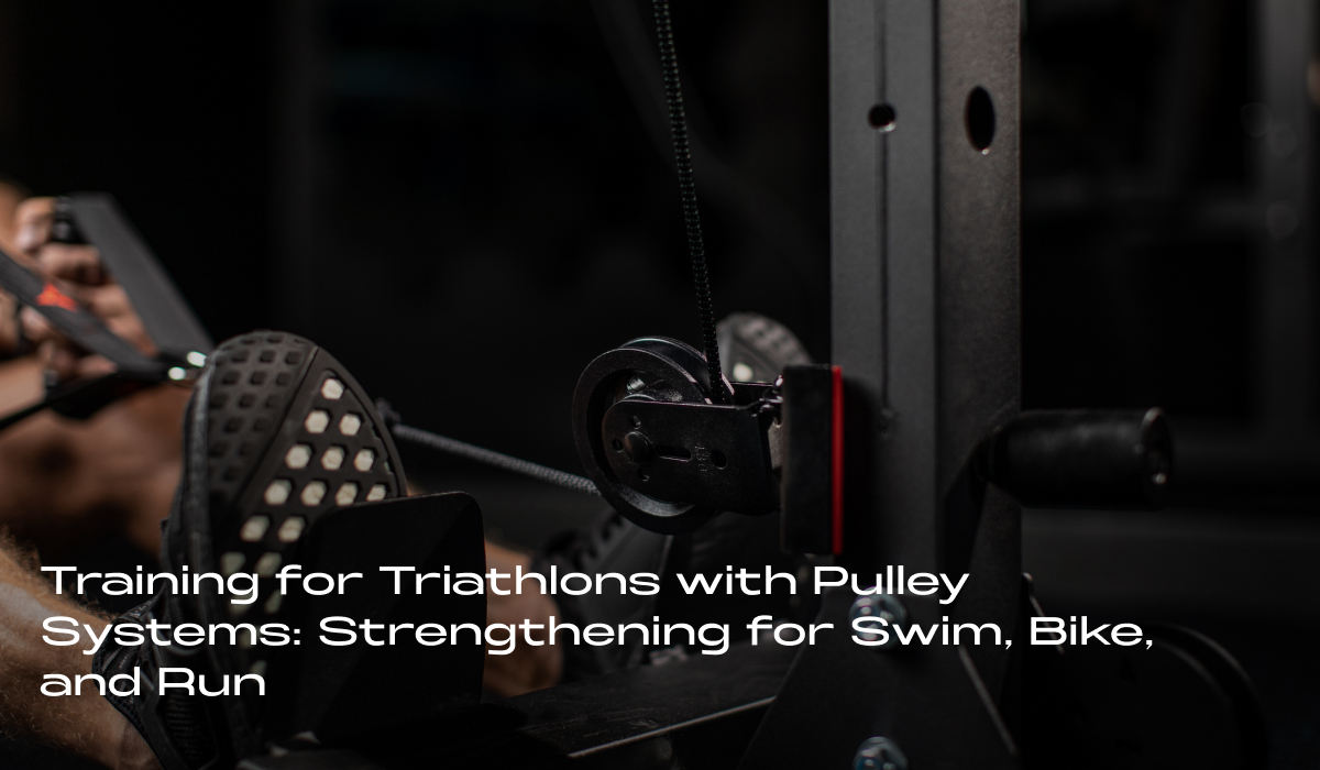 Home gym setup with a pulley system for full-body strength training. Ideal for triathlon training, focusing on swim, bike, and run performance.