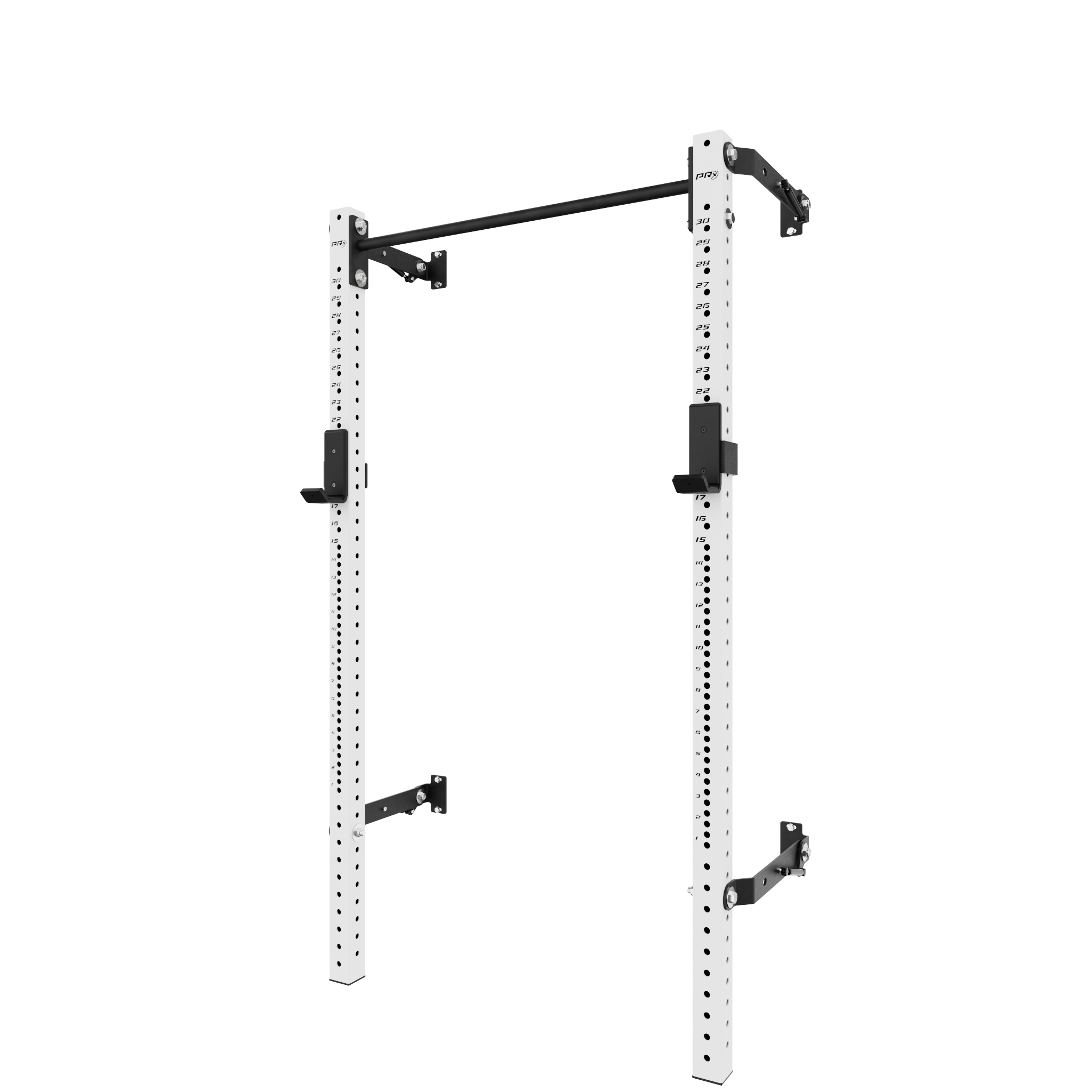 White pull-up bar rack with adjustable height, black metal supports, and vertical holes for customization, designed for home gym use.