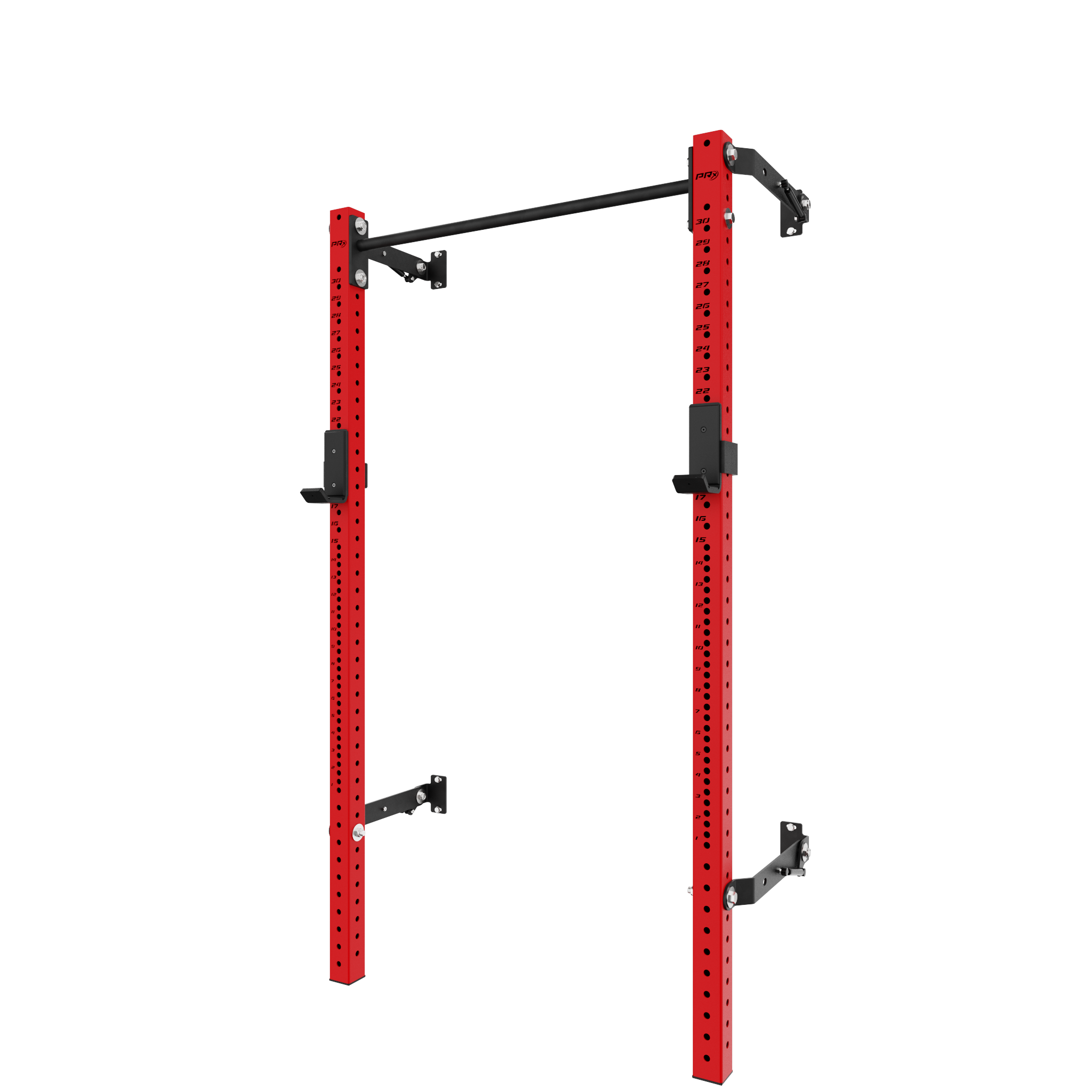 Heavy-duty red squat rack with a pull-up bar, adjustable support hooks, and reinforced steel construction. Perfect for strength training and home gym installations.