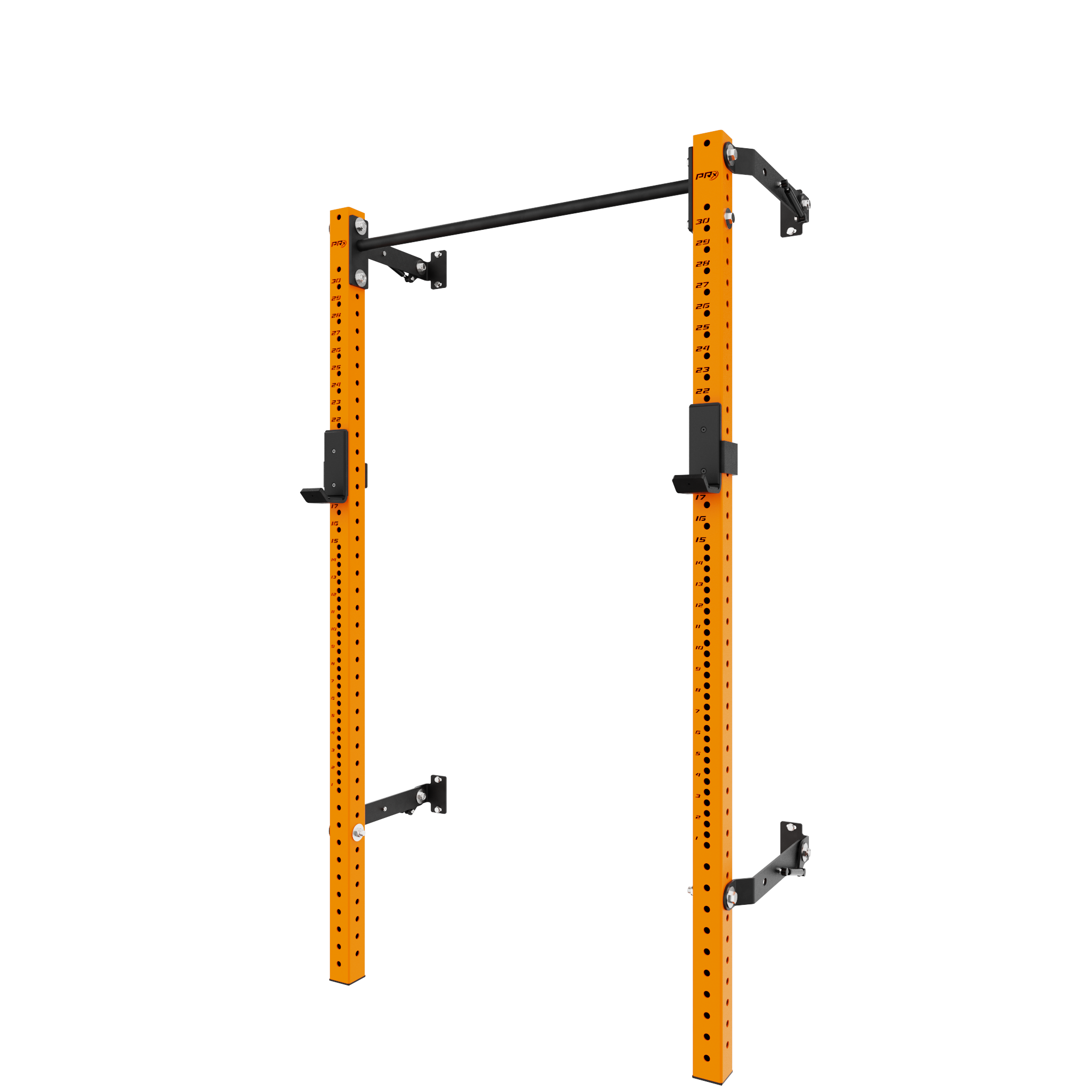 Sturdy squat rack with orange vertical posts, black pull-up bar, and customizable height positions for various workout exercises in home or gym environments.