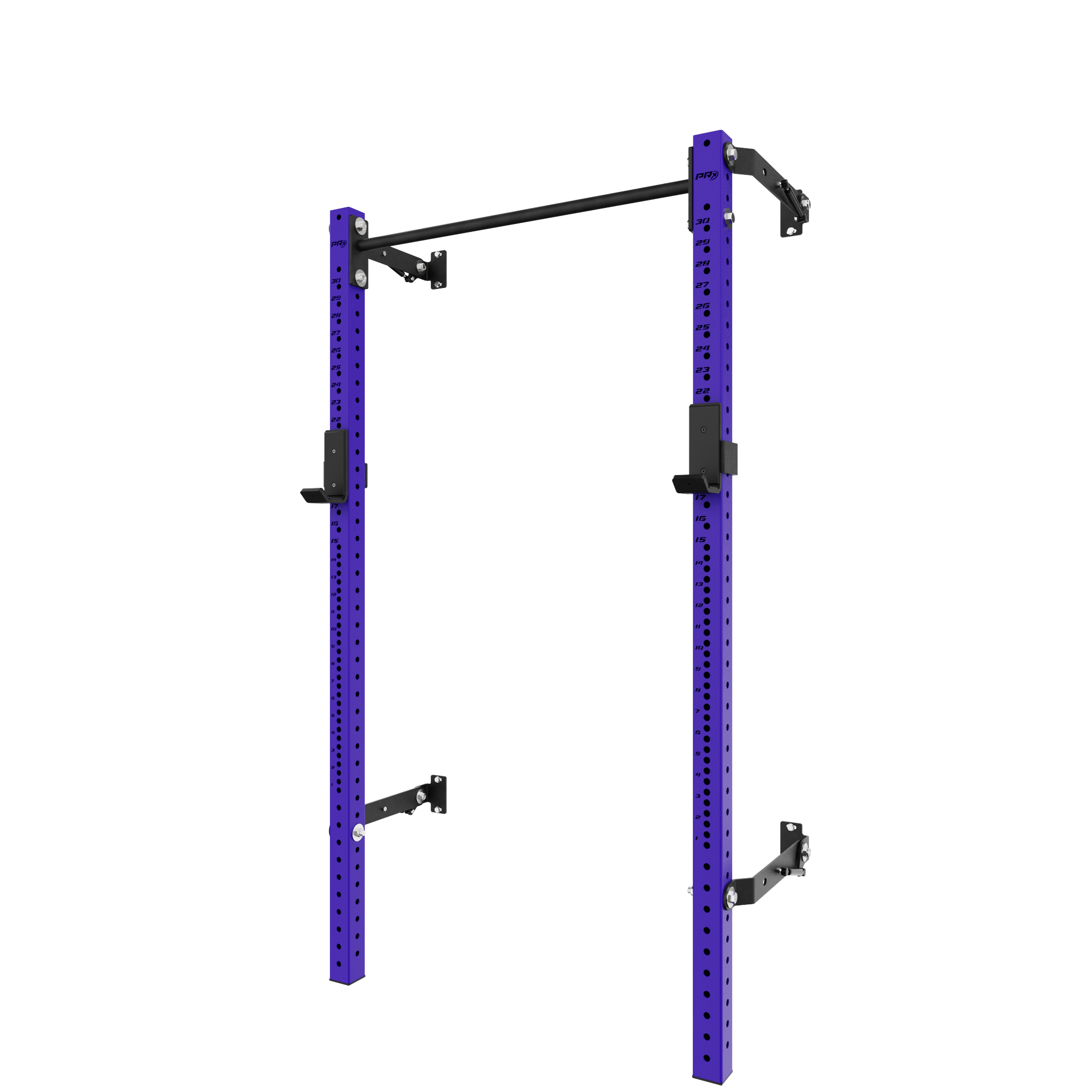 Heavy-duty purple squat rack with multi-grip pull-up bar, wall-mounted design, and adjustable J-hooks for home gym workouts.