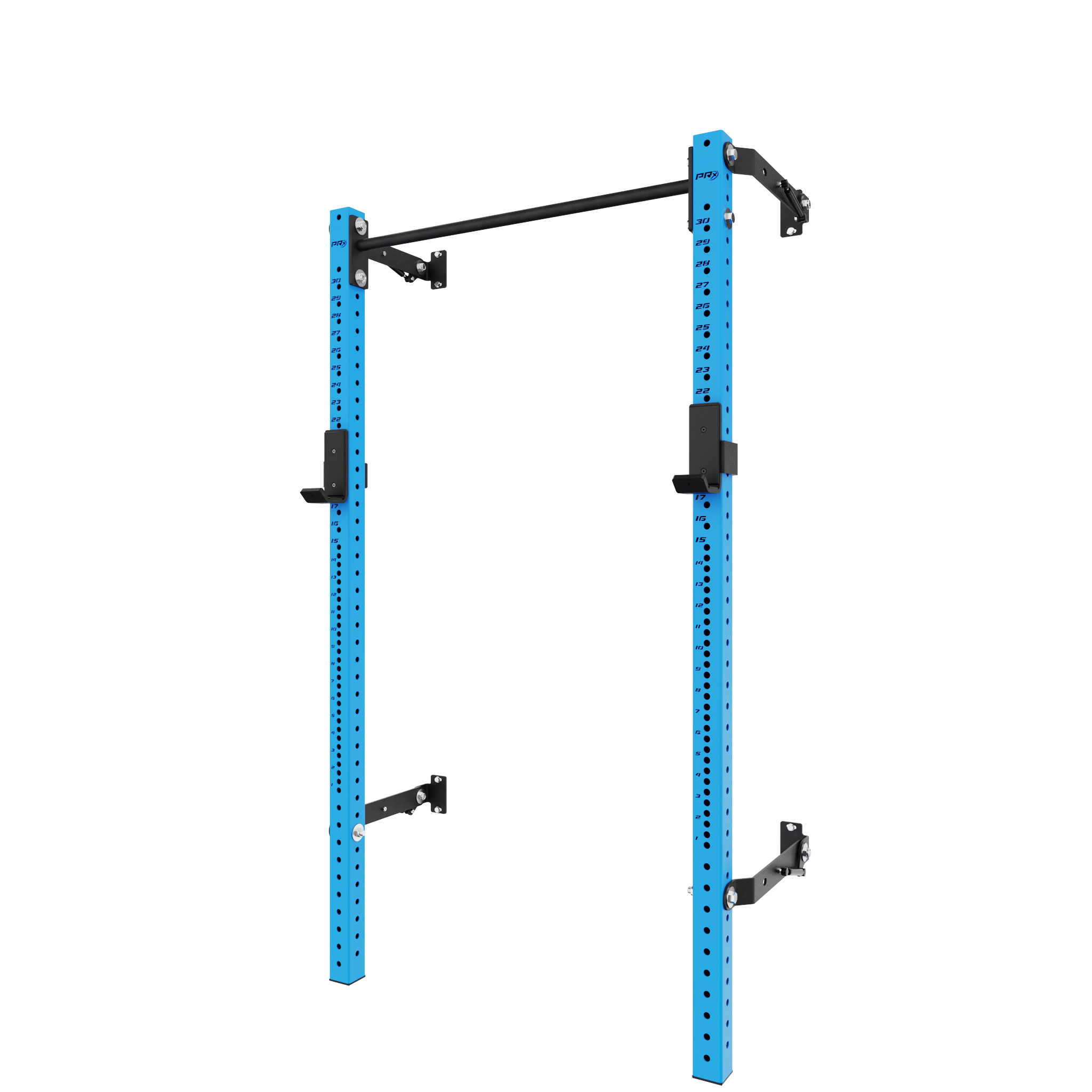 Heavy-duty blue squat rack with wall-mounted frame and ergonomic pull-up bar for space-saving home gym workouts.