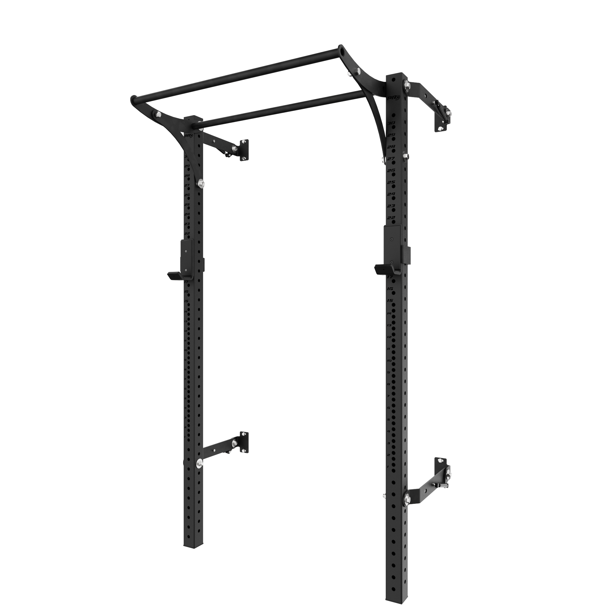 Durable squat rack with pull-up bar and adjustable height settings for strength and fitness exercises.