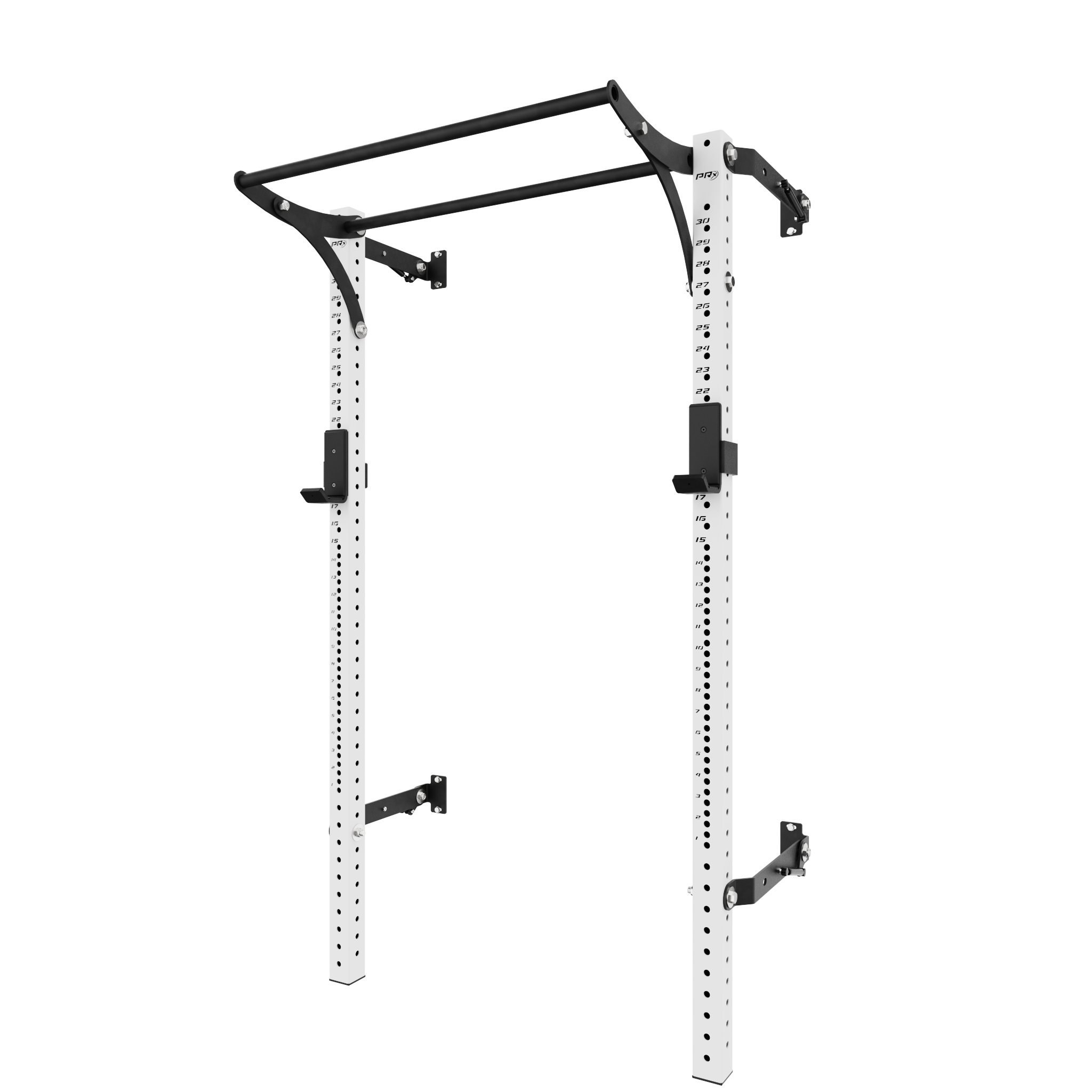 Adjustable pull-up bar mounted on a white power rack, with numbered height settings on the sides and black metal support braces at the bottom, ideal for home gym workouts.