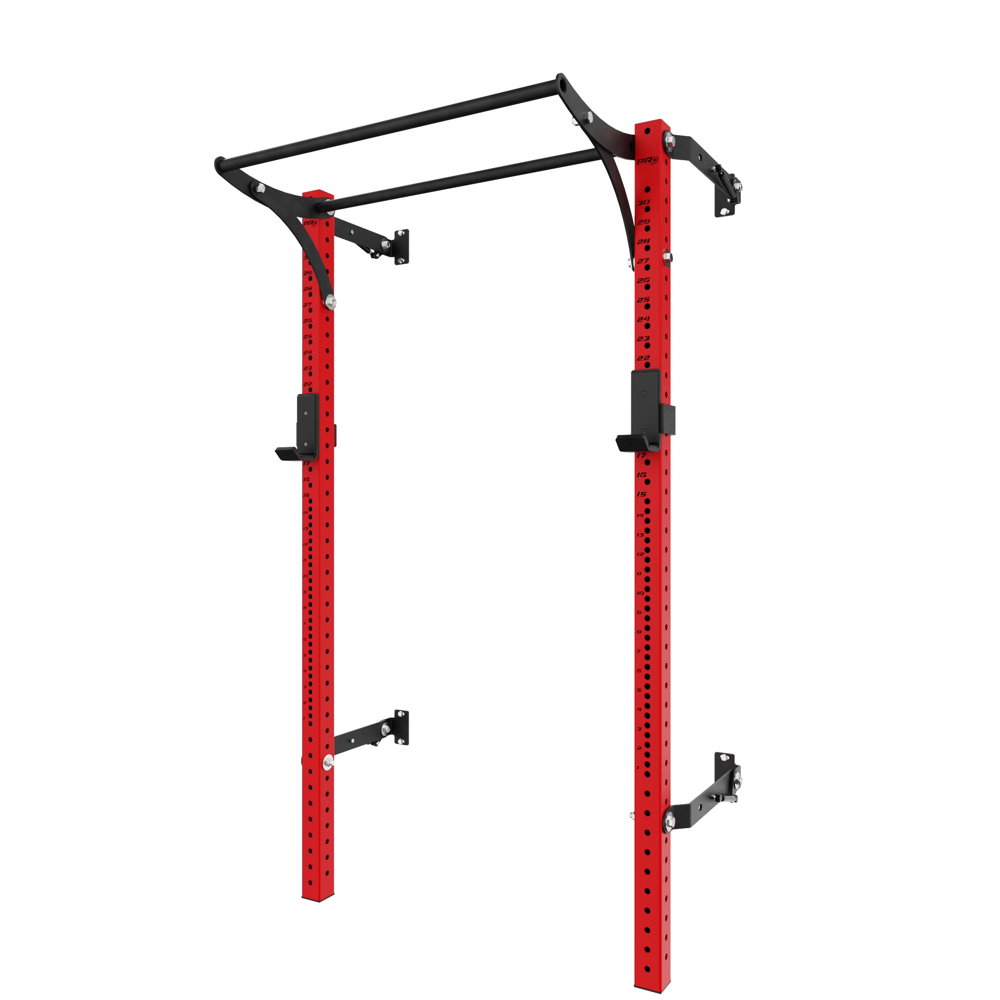 Red fitness squat rack featuring a pull-up bar, customizable height settings, and durable steel frame, designed for intense workout routines in home gyms.