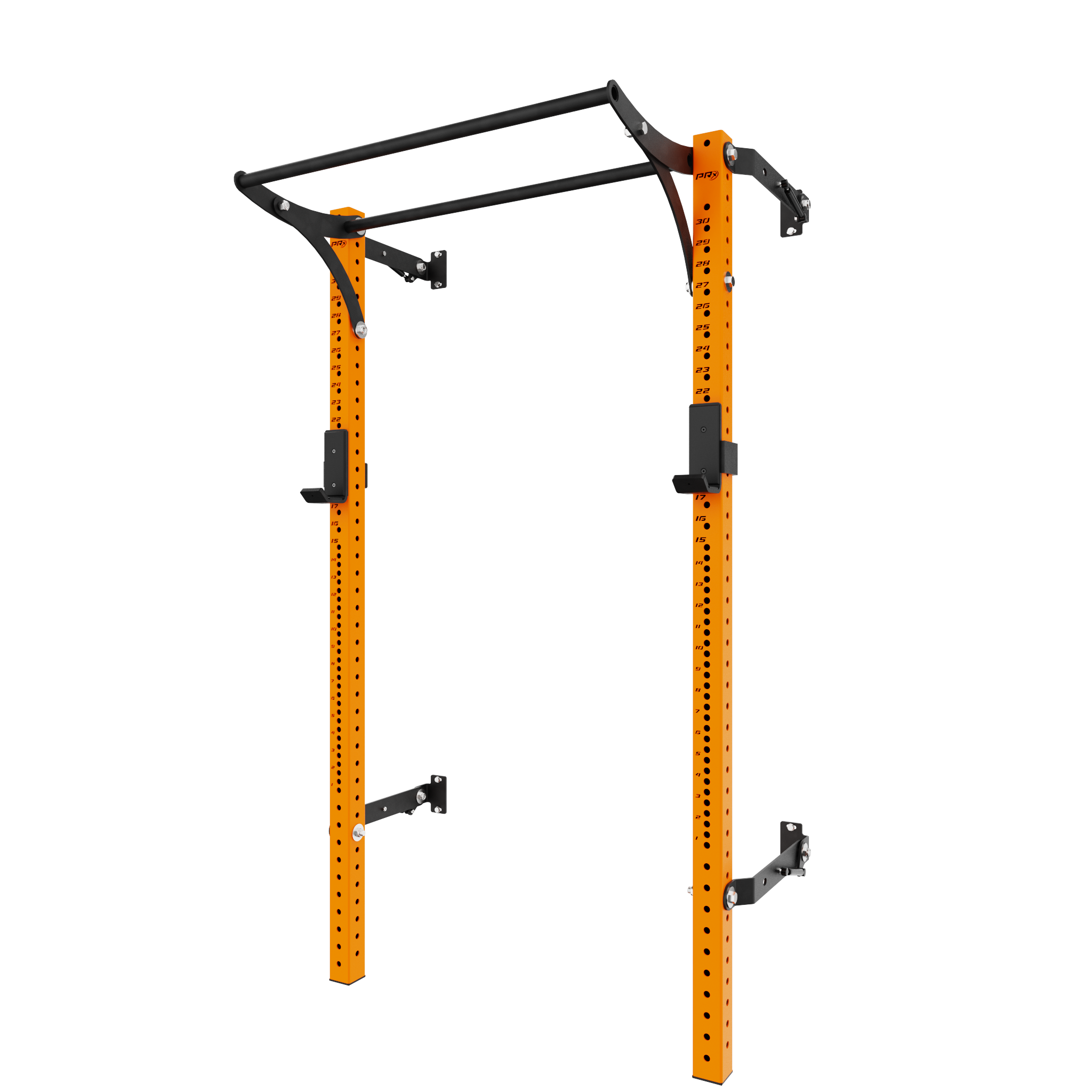 Orange squat rack with black pull-up bar, featuring adjustable height settings and durable steel construction for strength training and fitness routines.