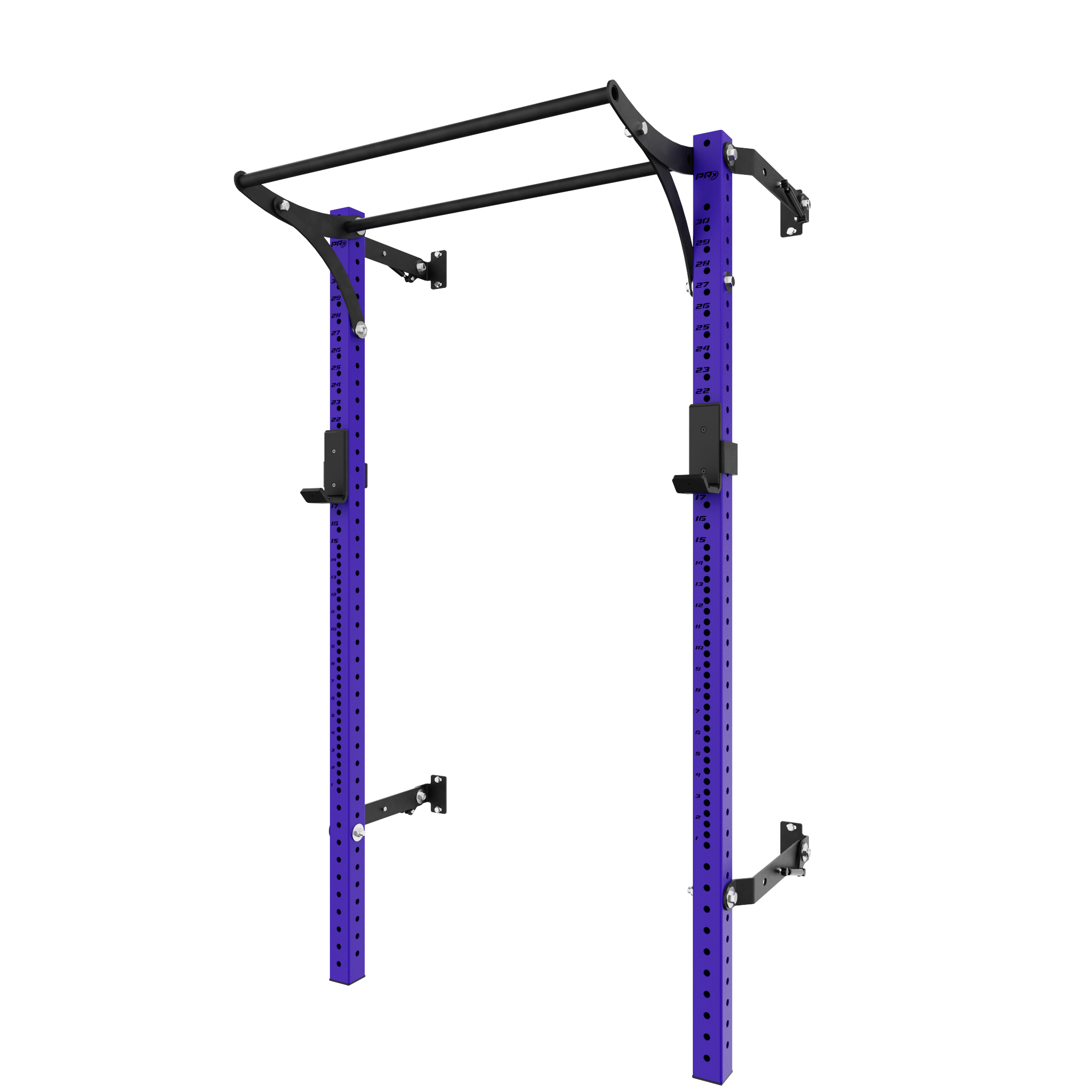 Purple wall-mounted power rack with ladder-style pull-up bar and J-cups for barbell exercises and functional fitness training.