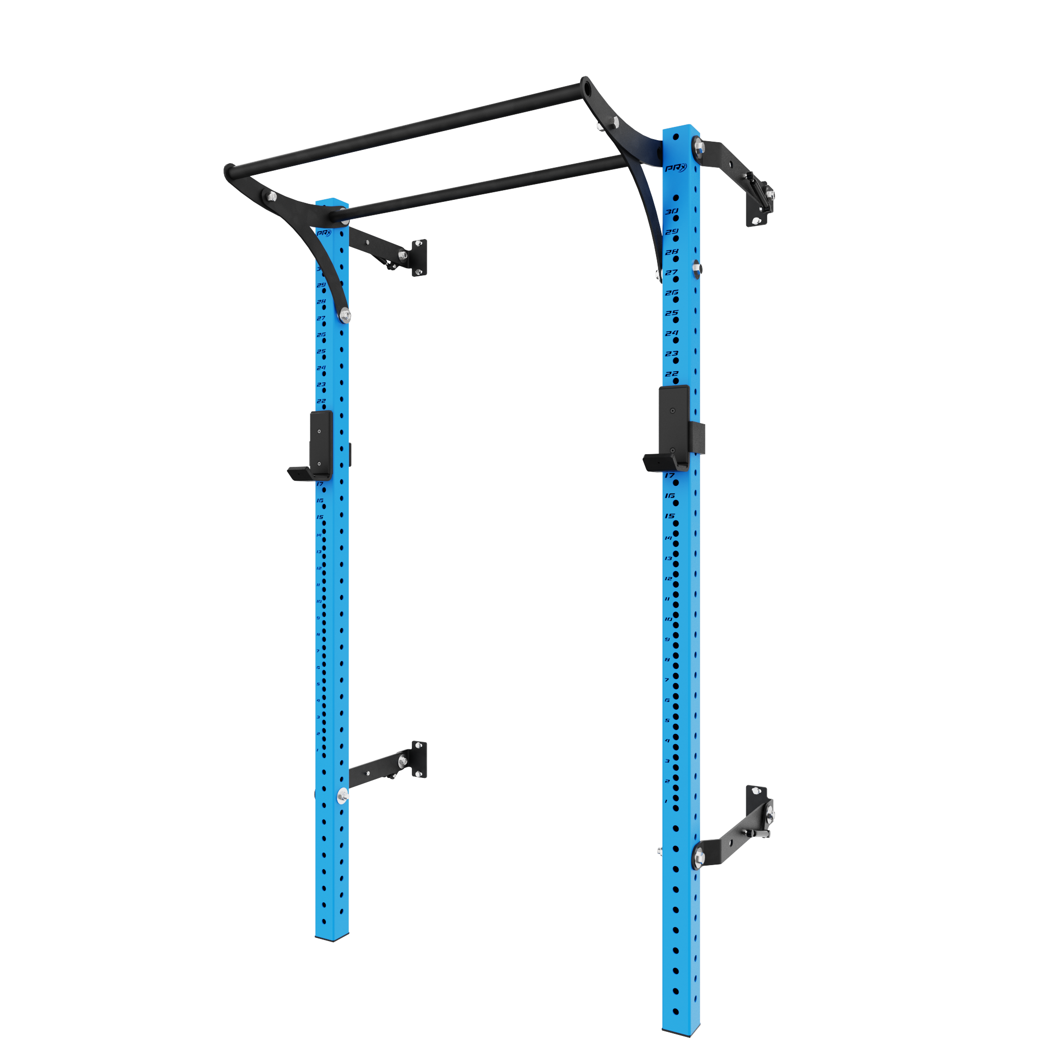 Blue wall-mounted power rack with angled multi-grip pull-up bar and numbered uprights for versatile strength training and home gym use.