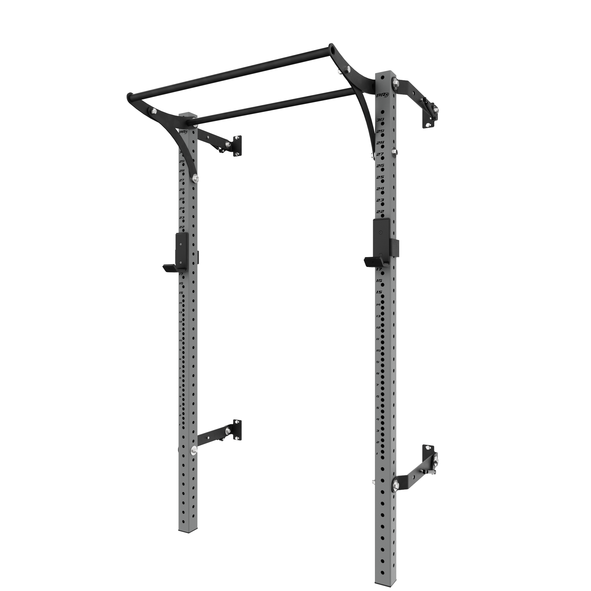 Wall-mounted squat rack with straight pull-up bar and adjustable J-cups for home gym or garage workout setup.