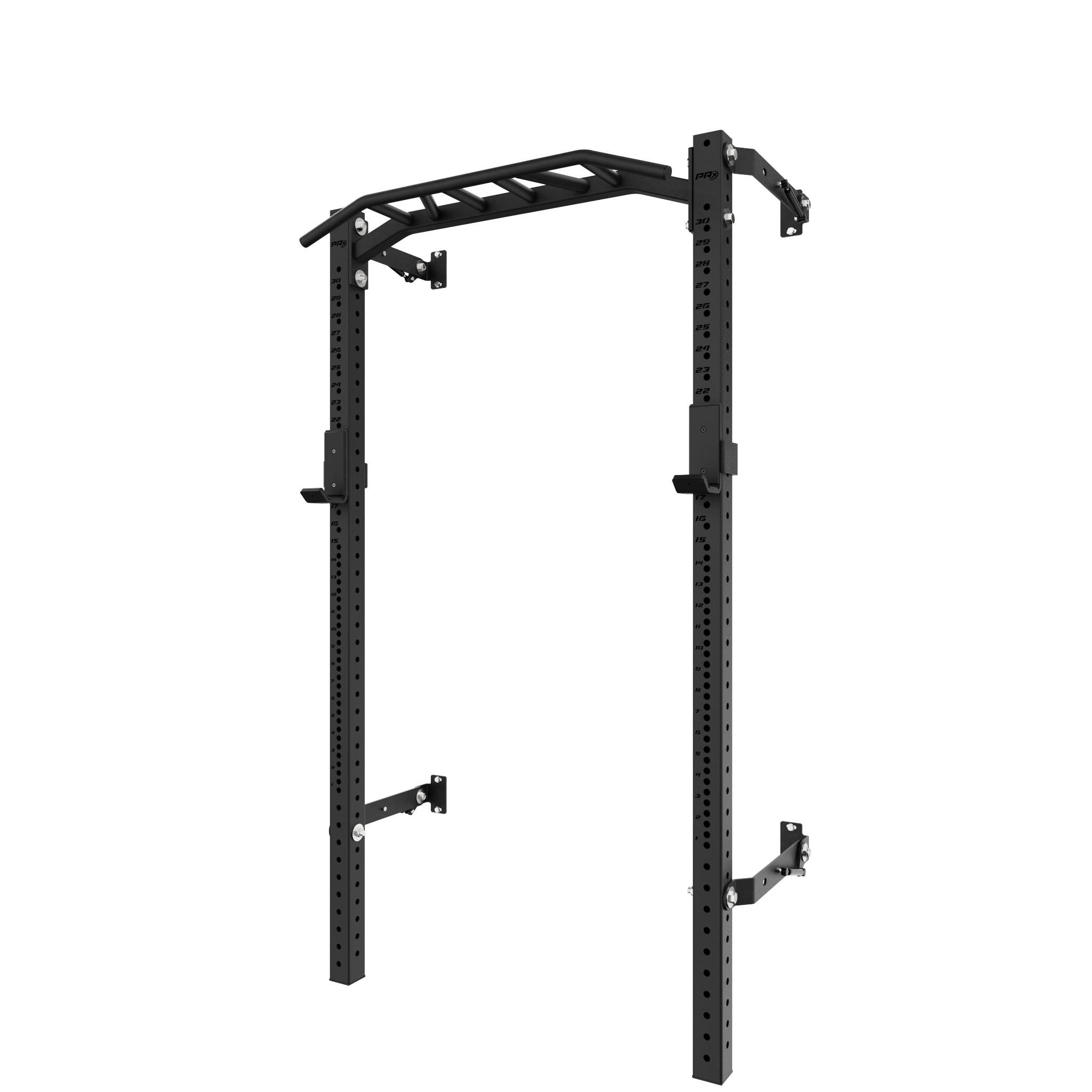 Heavy-duty squat rack with adjustable pull-up bar and mounting brackets for strength training.