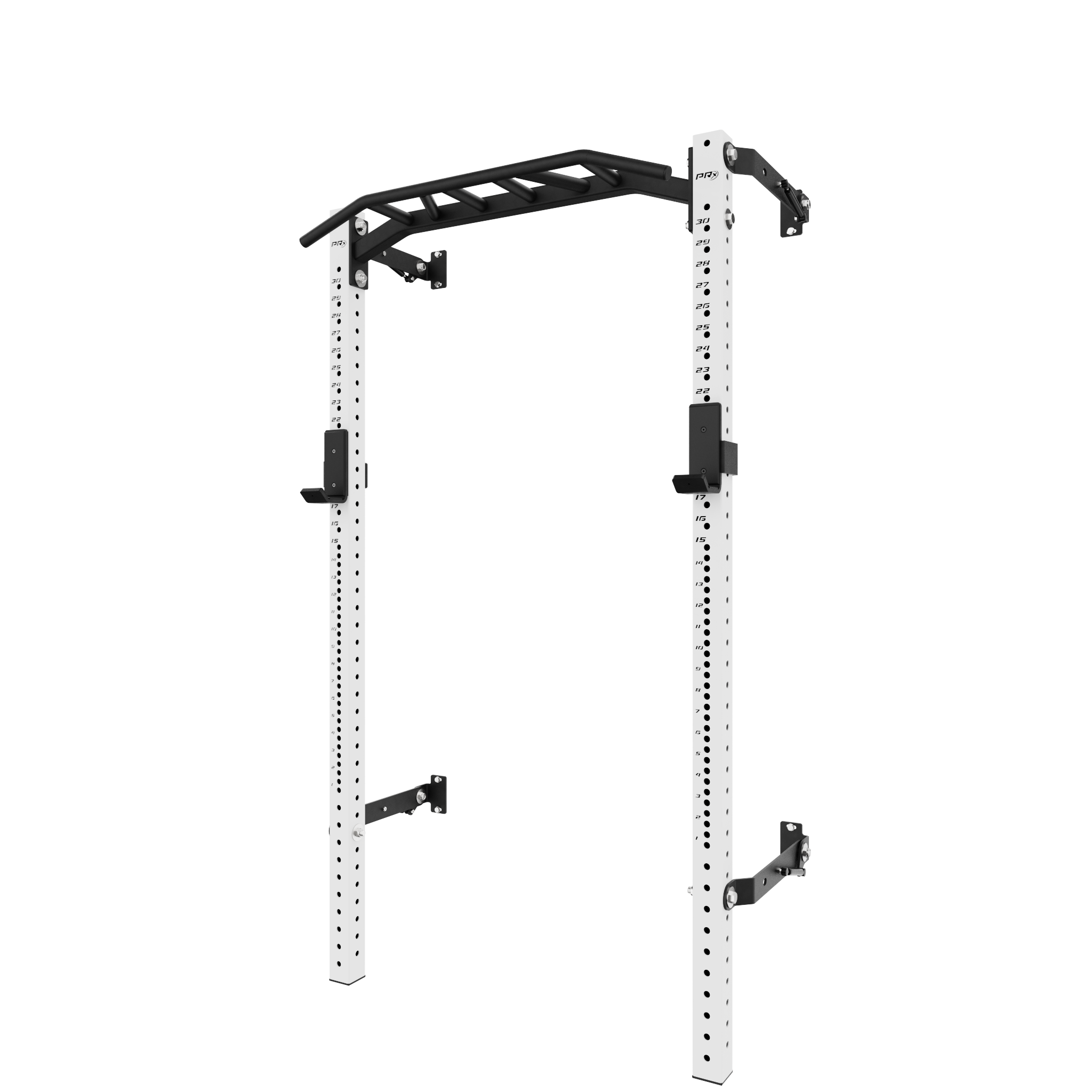 White squat rack with black pull-up bar and adjustable safety spotter arms, designed for home gym use, providing strength training and workout versatility.