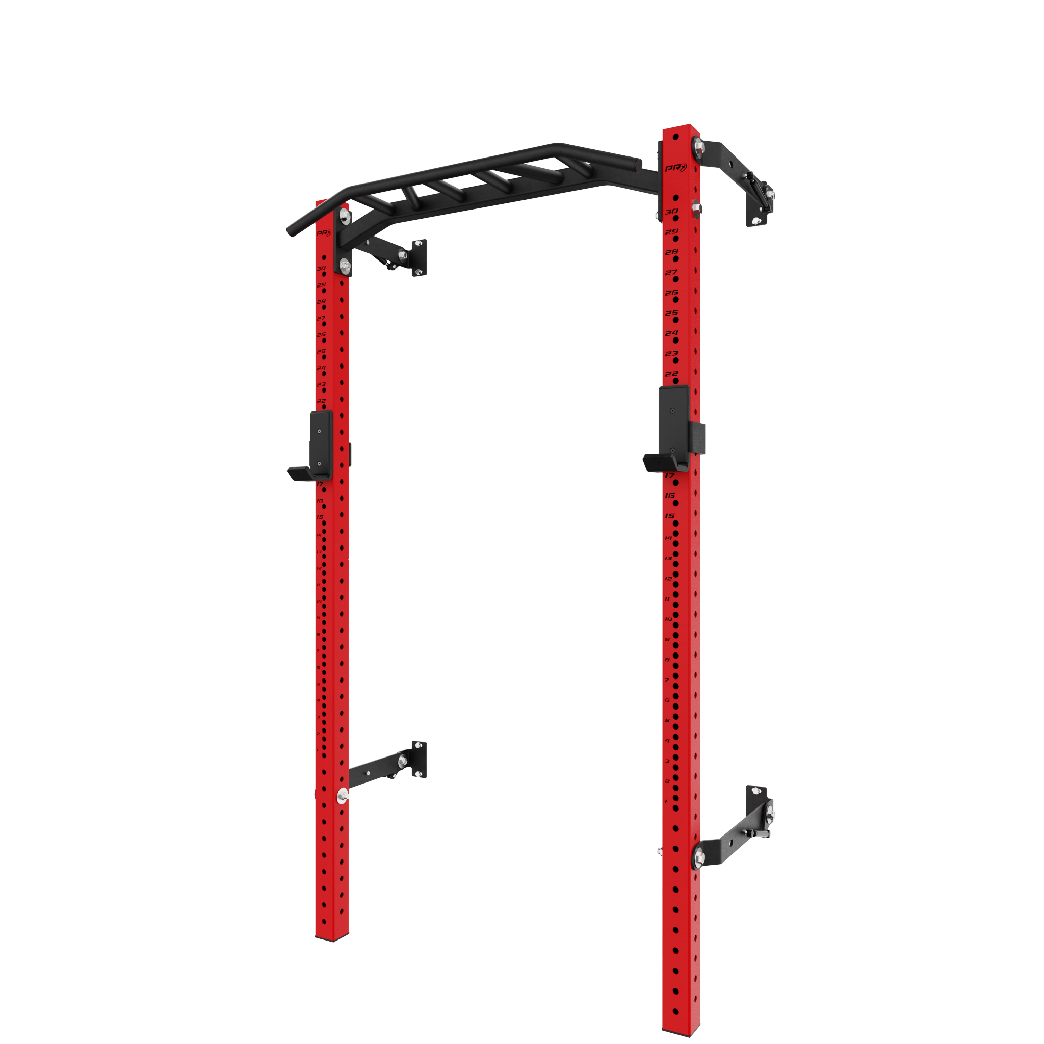 Red squat rack with pull-up bar, adjustable hooks, and sturdy steel frame. Features perforated posts for customization of height and accessories, ideal for home gym setups.