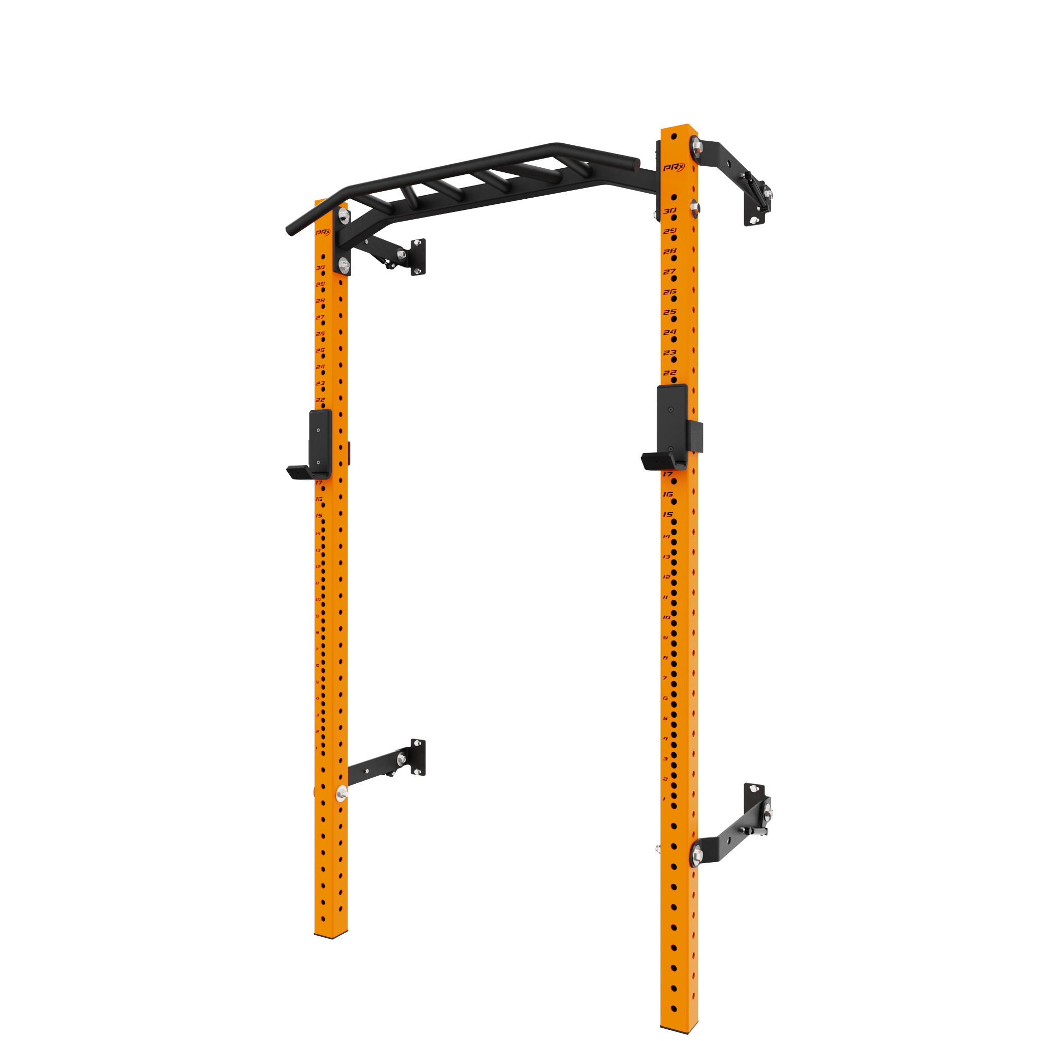 Orange power rack with a black pull-up bar and adjustable safety bars, designed for home gym use, featuring vertical holes for height adjustments and durable construction for strength training exercises.