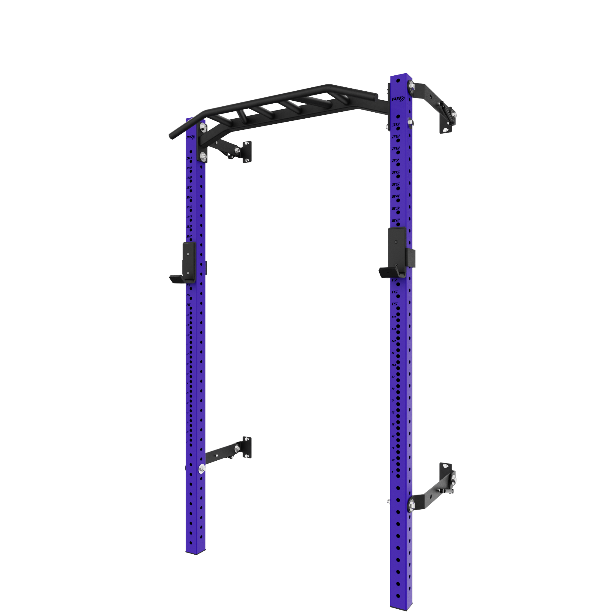 Wall-mounted purple squat rack with multi-grip pull-up bar and adjustable J-cups for home gym workouts and strength training.