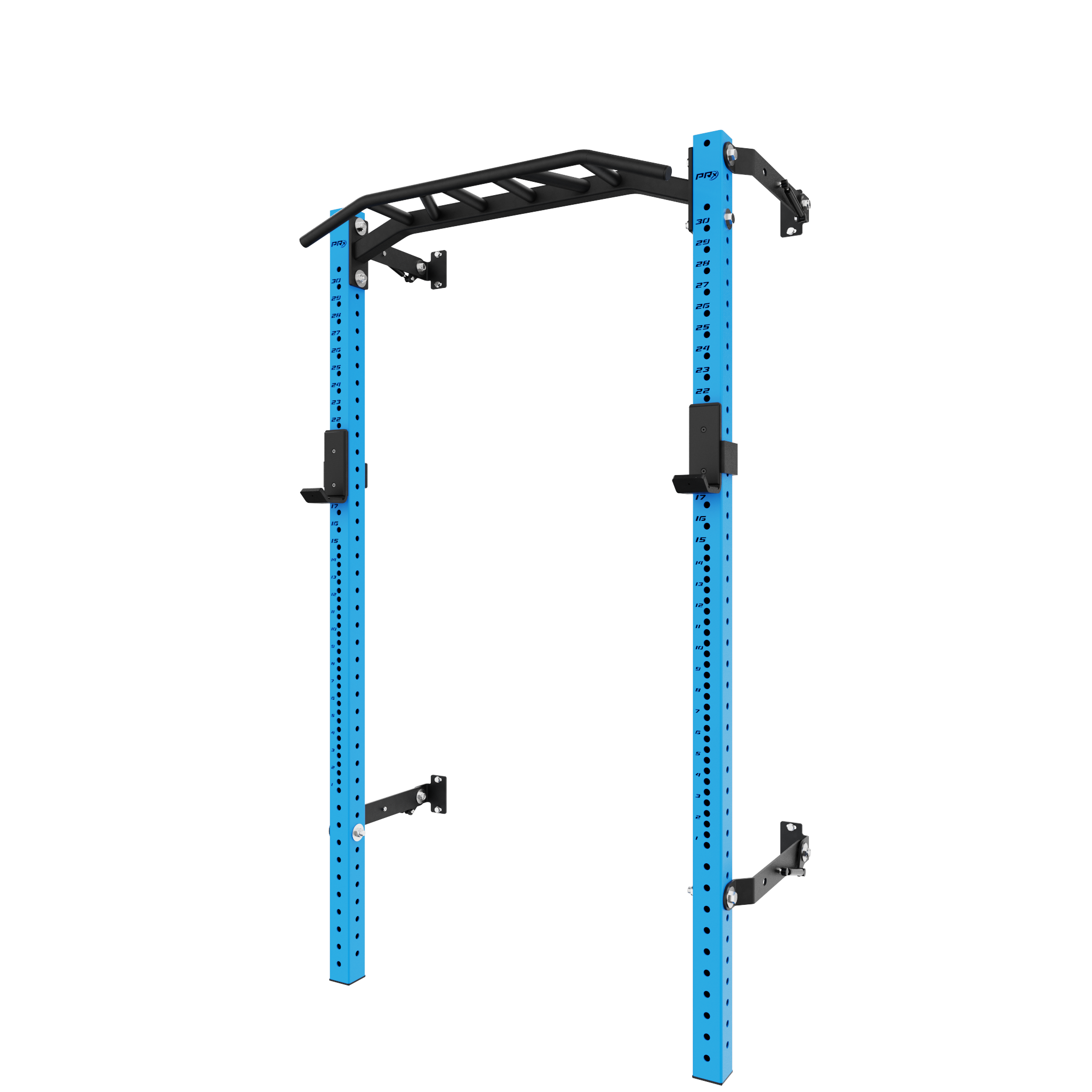 Blue wall-mounted squat rack with multi-grip pull-up bar and adjustable J-cups for home gym strength training and fitness workouts.