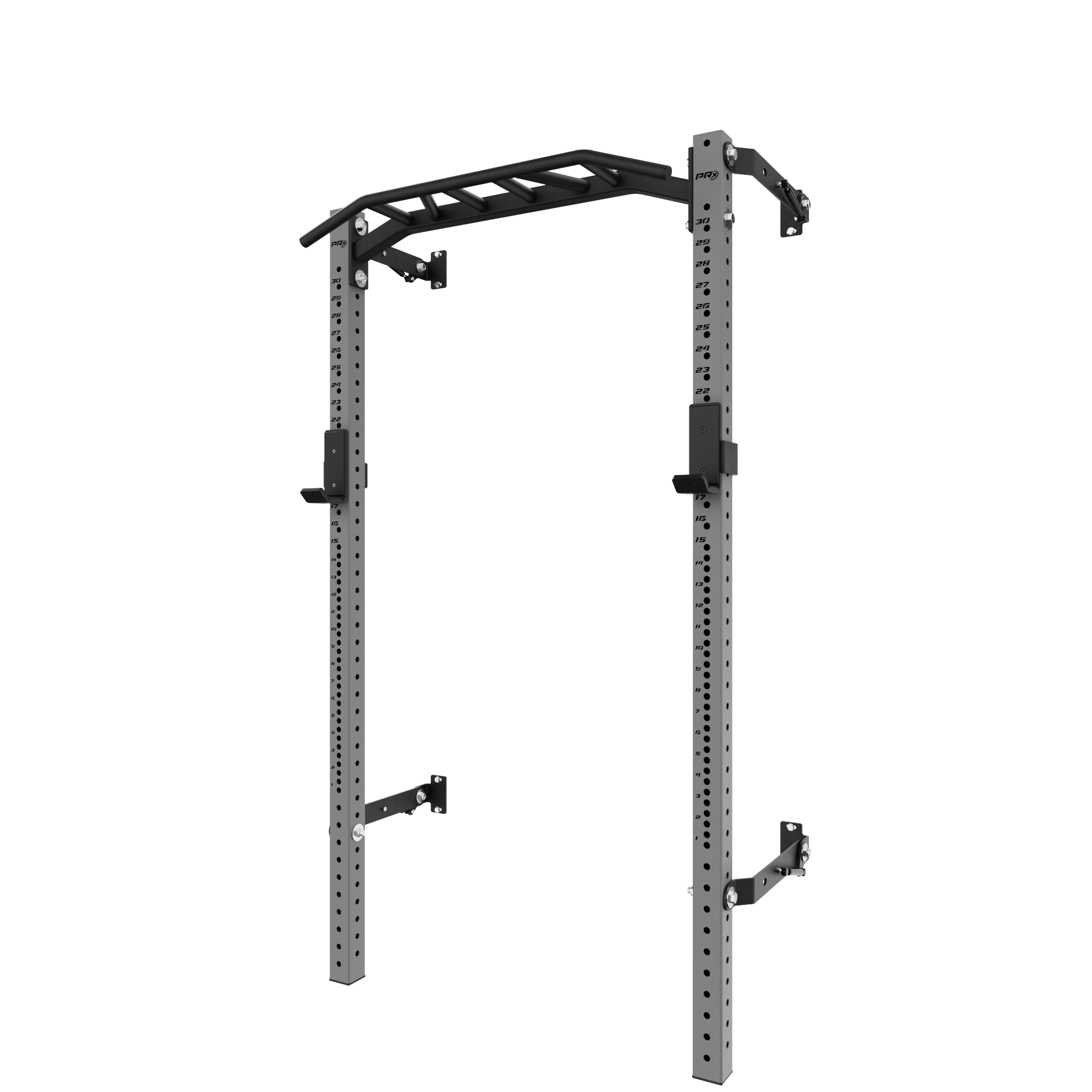 Wall-mounted power rack with pull-up bar and adjustable J-hooks for home gym strength training.