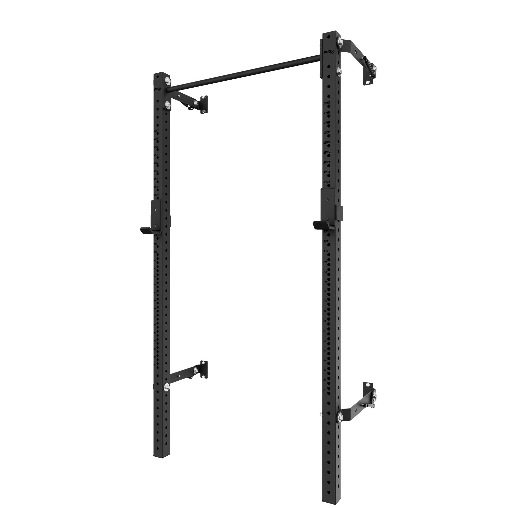 Black pull-up bar integrated into a squat rack, offering multiple grip positions for upper body workouts. The rack features durable steel construction with adjustable height, designed for home gym setups.