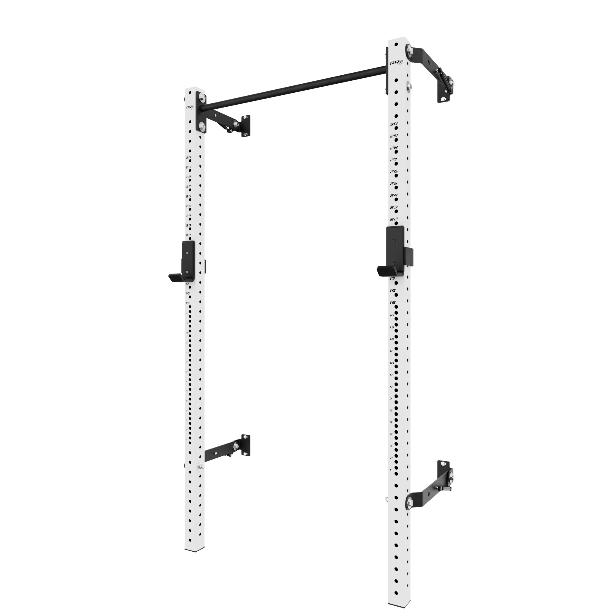 Adjustable squat rack with black pull-up bar and white frame, featuring multiple height settings and support arms, ideal for home gym workouts.