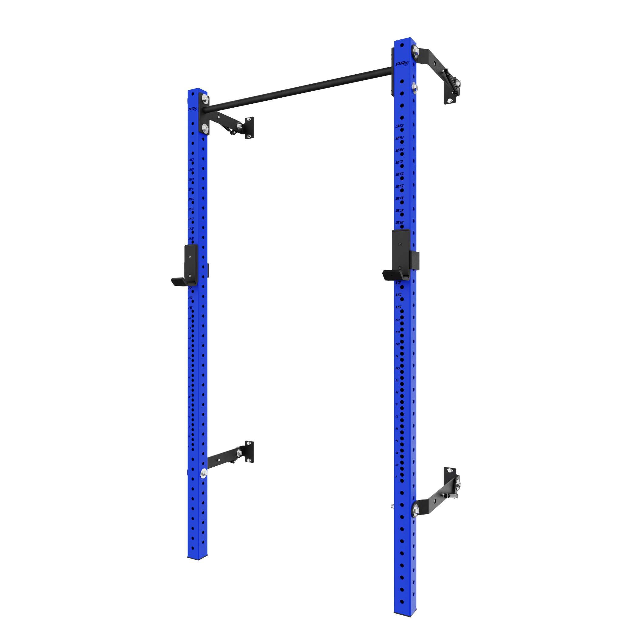 Durable blue squat rack featuring a pull-up bar and adjustable attachments for versatile strength training exercises.