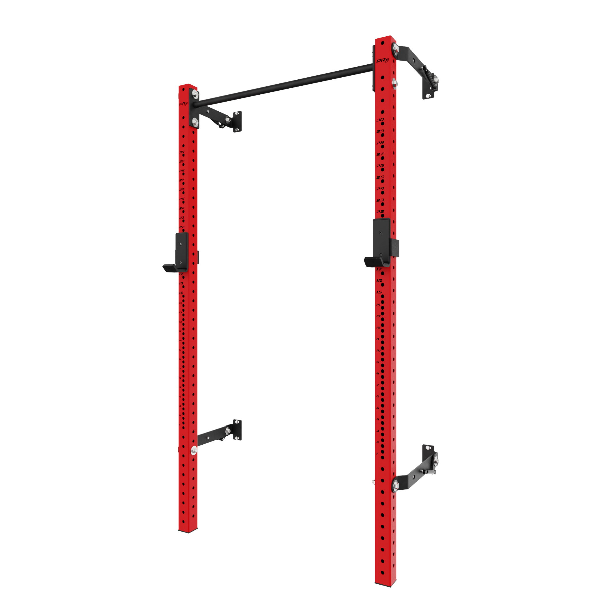 Wall-mounted red squat rack with multi-grip pull-up bar and adjustable J-cups for strength training and calisthenics.