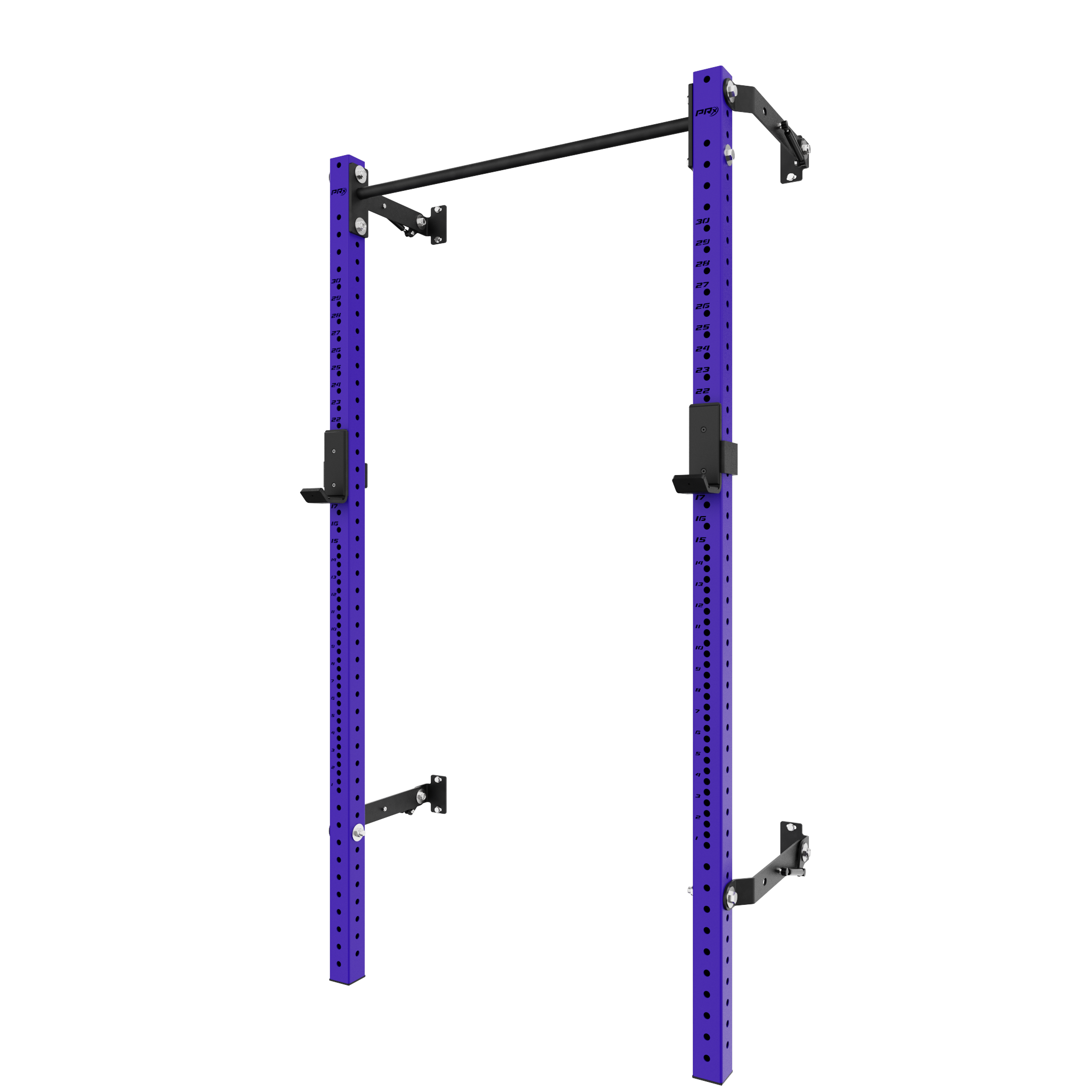 Purple heavy-duty pull-up bar rack with adjustable height and multiple grip options for home gym use.