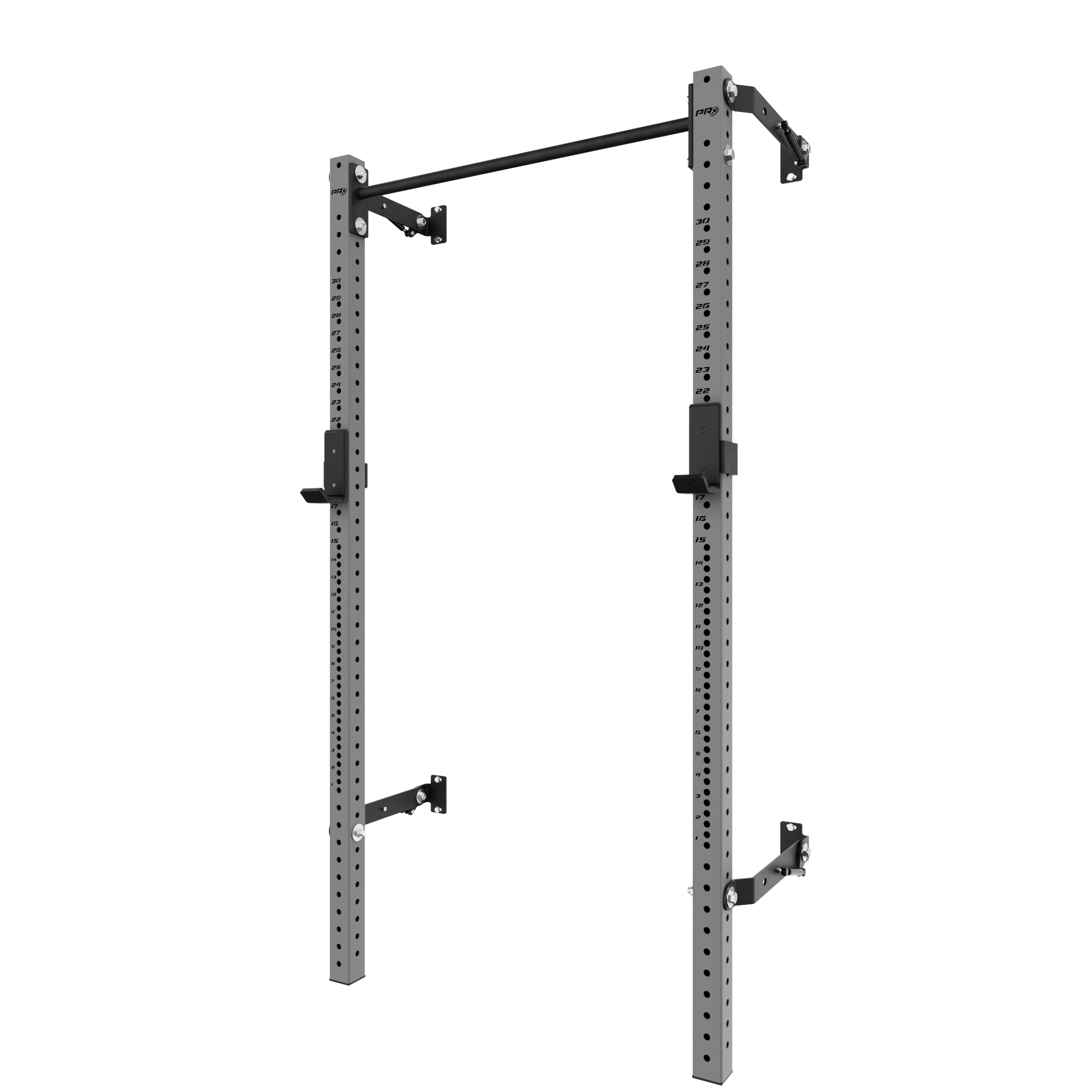 Adjustable squat rack with pull-up bar, designed for home gym use. The rack features numbered holes for adjustable height, providing versatility for different exercises. It includes a black pull-up bar at the top and sturdy side supports for stability.