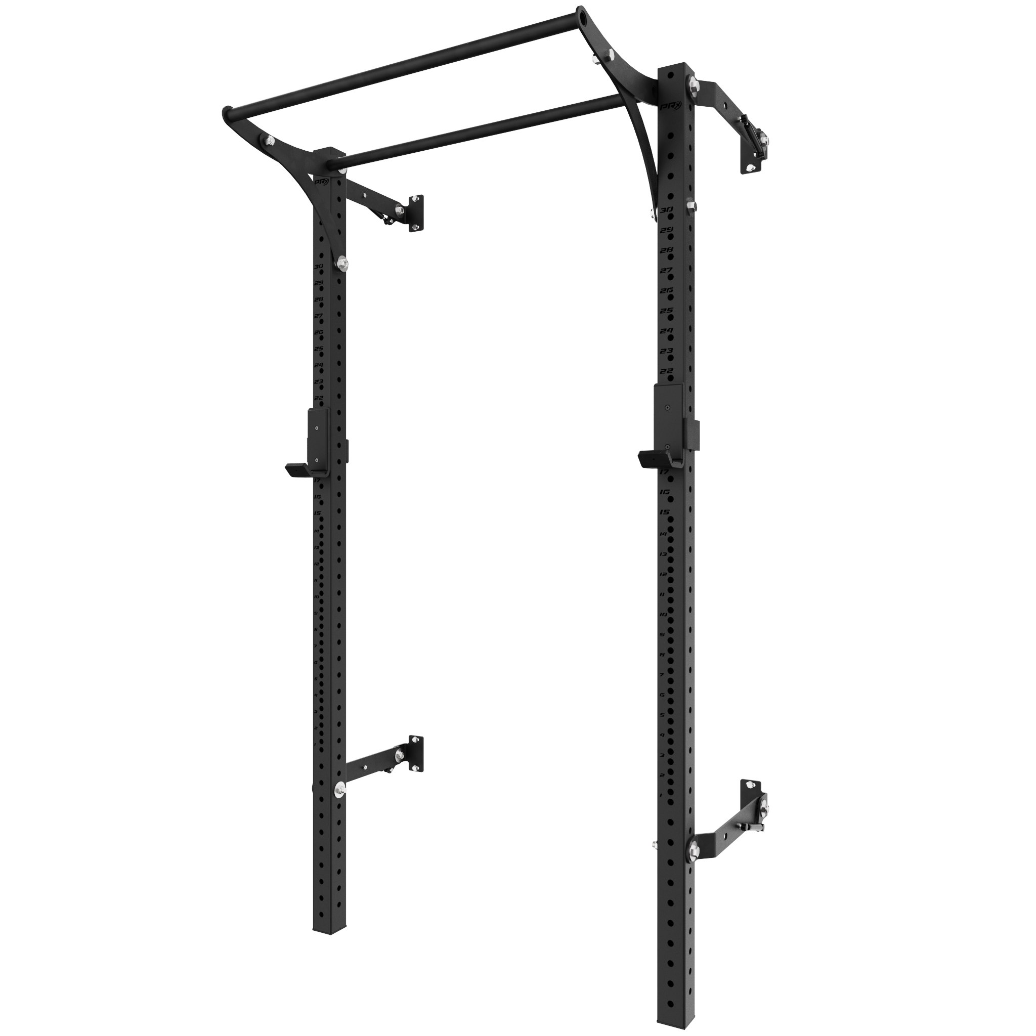Adjustable black pull-up bar mounted on a squat rack, perfect for performing pull-ups, chin-ups, and other upper body exercises. The rack is made of heavy-duty steel with adjustable height slots for versatile strength training options.