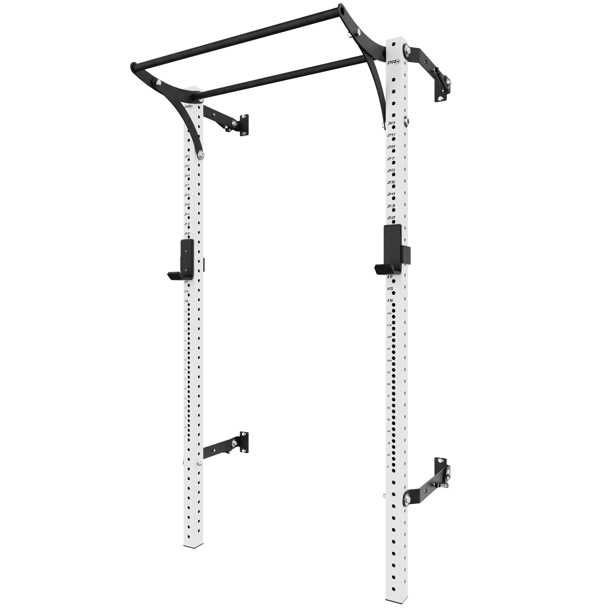 White squat rack with black pull-up bar and adjustable features, designed for home gym use. Includes support arms and multiple adjustment holes on the frame for customizable height and exercises.