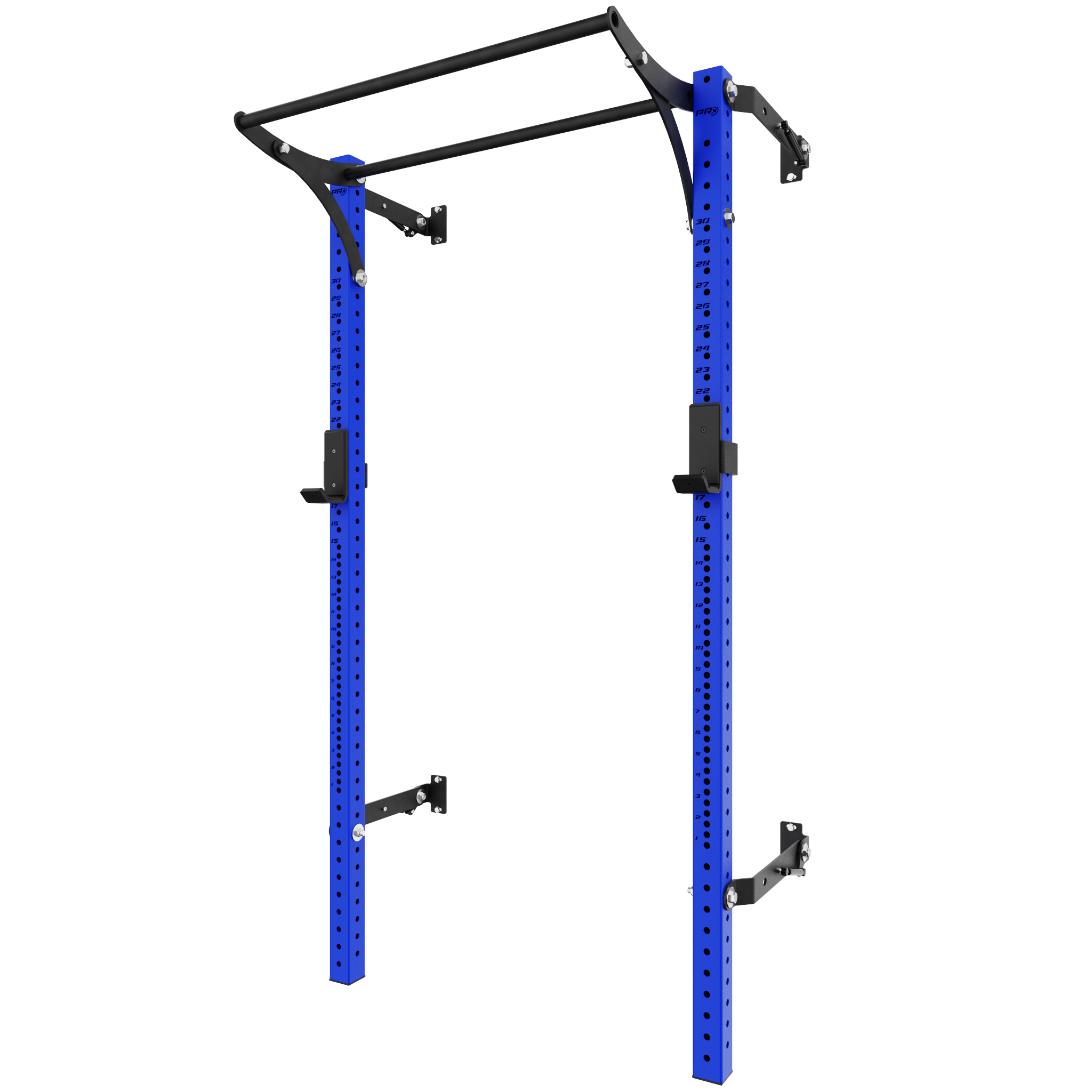 Sturdy blue power rack with a functional pull-up bar and customizable weight storage options, perfect for enhancing home gym setups.