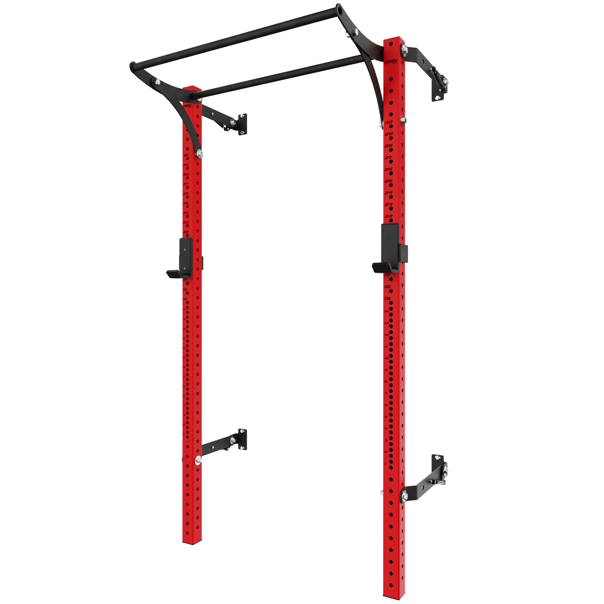 Heavy-duty red power rack with wall-mount support and angled monkey bar pull-up attachment for home gym workouts.