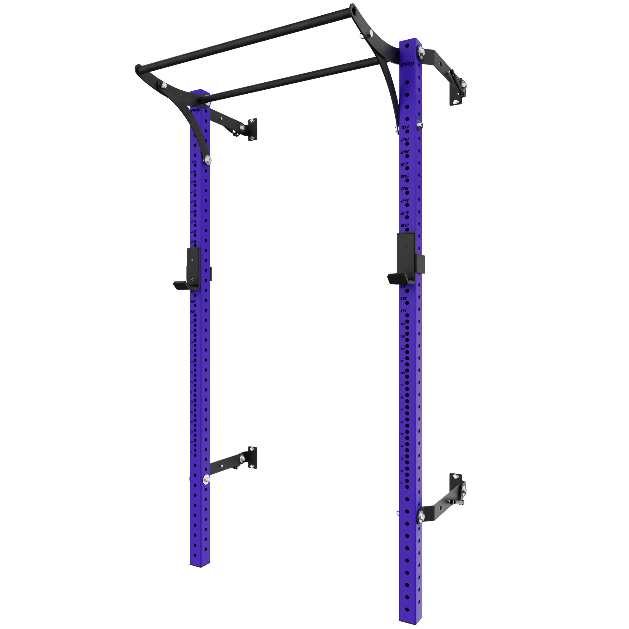 Adjustable purple pull-up rack with durable metal frame and black bar, ideal for strength training and pull-ups.