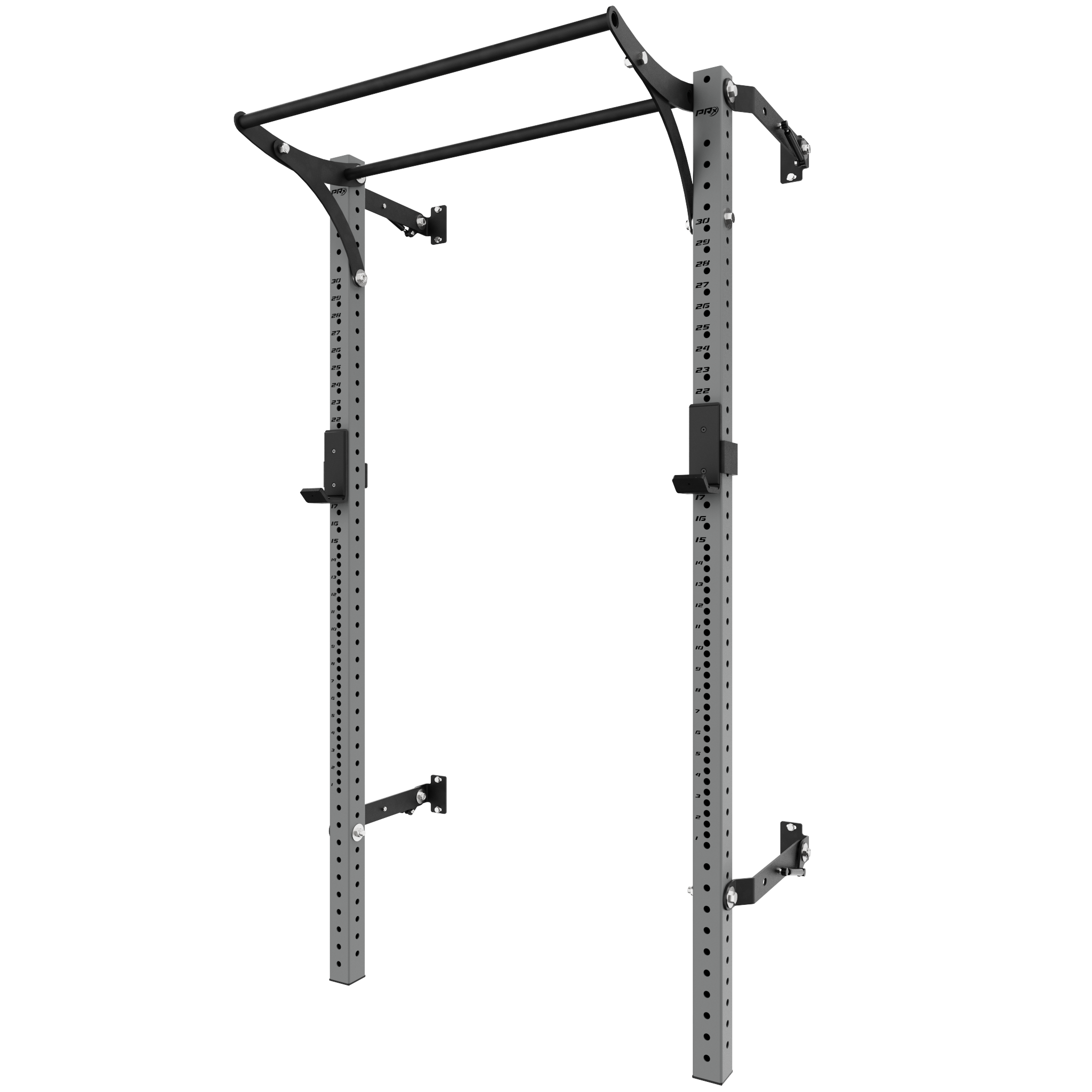 Pull-up bar attached to a sturdy gym rack with adjustable height settings, designed for home fitness use. The rack features a solid steel frame with multiple perforated holes for secure positioning and added strength, ideal for performing pull-ups and other upper-body exercises.