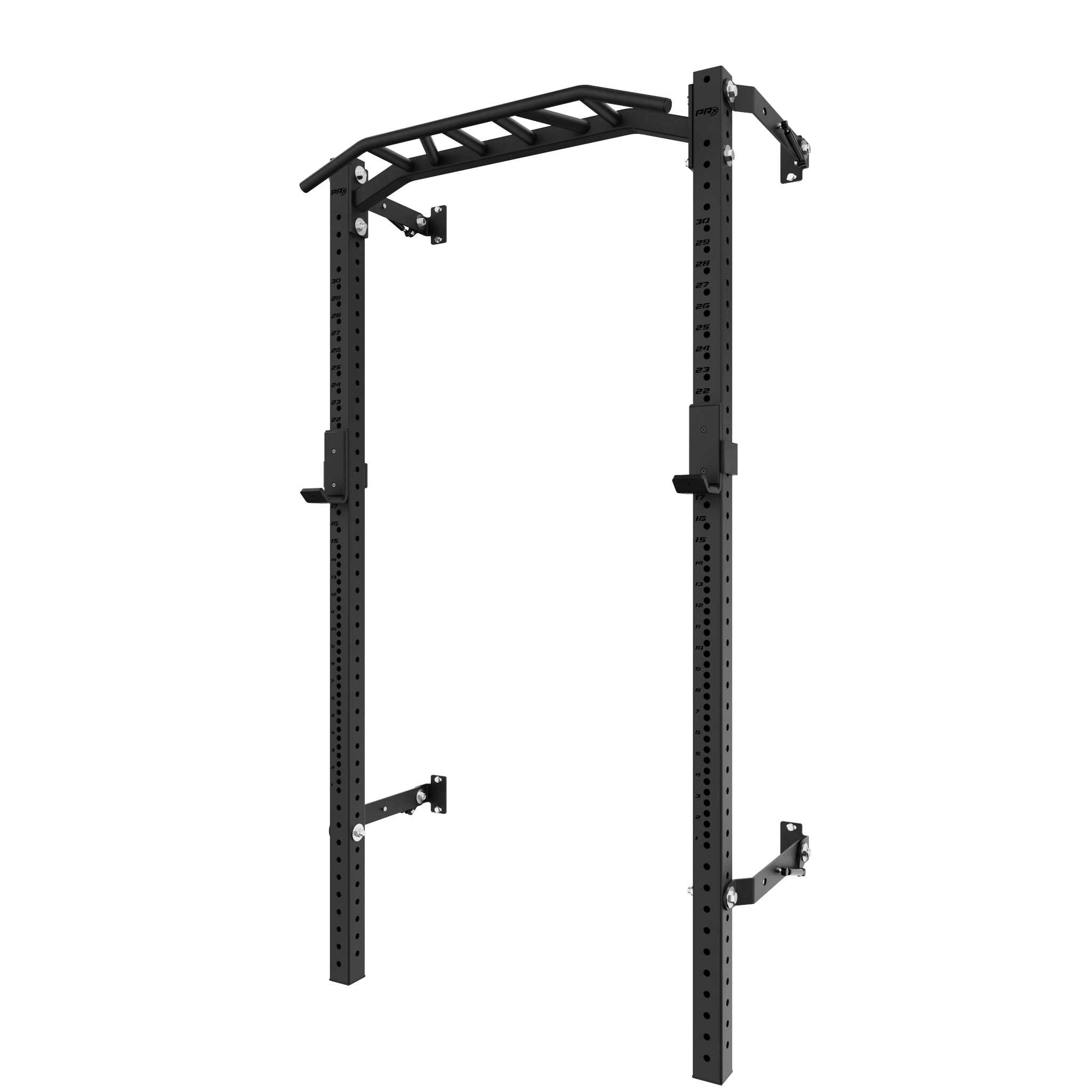 Heavy-duty black pull-up bar attached to a squat rack with adjustable height settings, ideal for home gym workouts. The pull-up bar features a sturdy metal frame with multiple grip positions for varied exercises. The rack is designed for strength training with a minimalist, durable build.